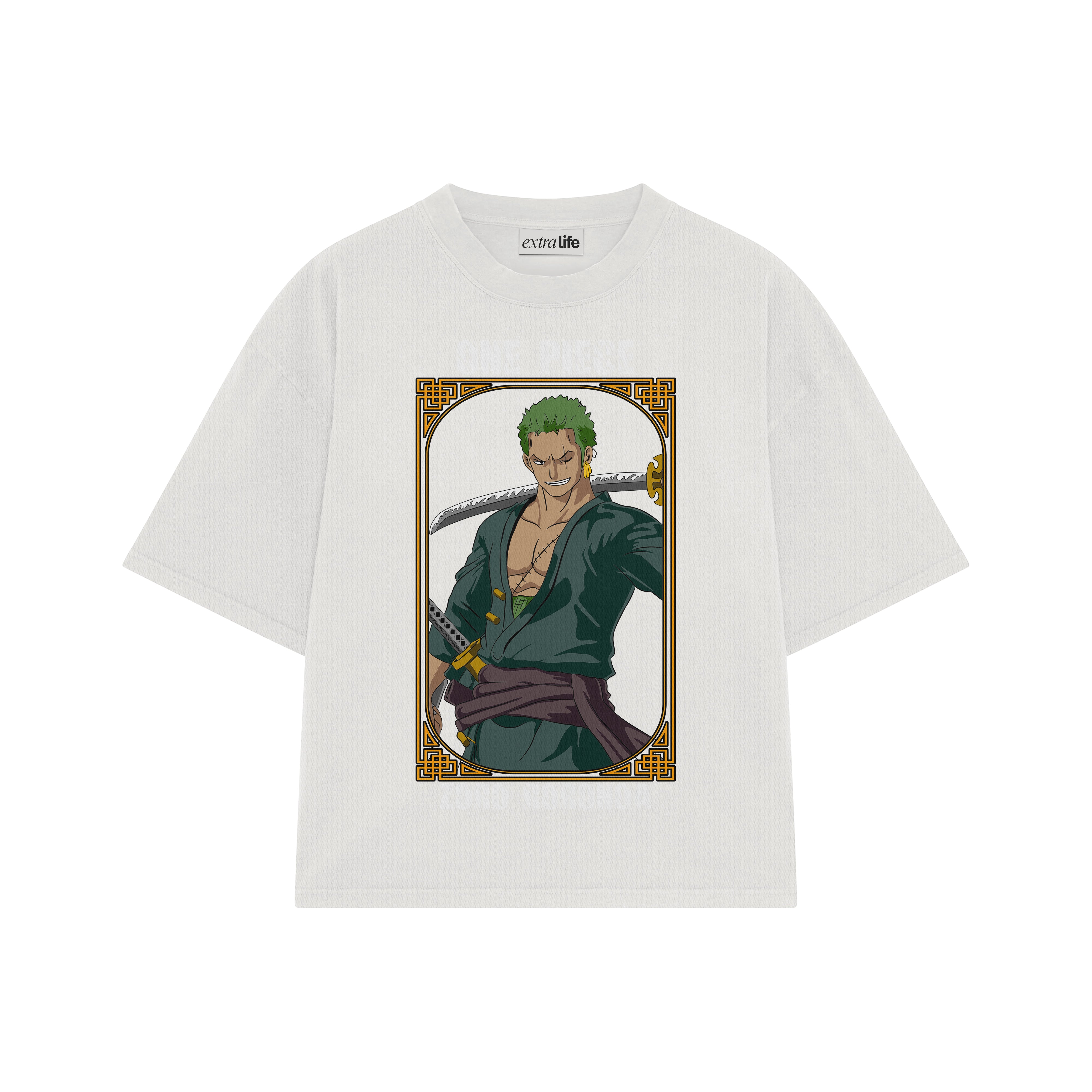 Playera streetwear premium de anime y gaming ExtraLife MX, corte boxy oversized drop shoulder heavyweight en color Deep Black y Off-White, moda urbana mexicana de culto.