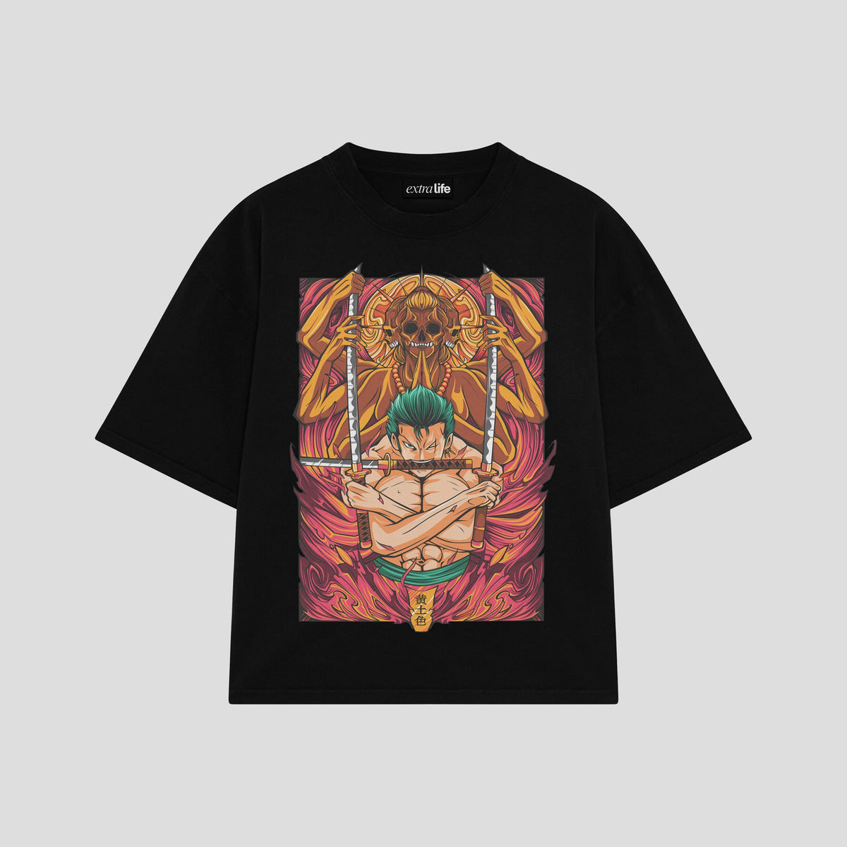 Playera streetwear premium de anime y gaming ExtraLife MX, corte oversized drop shoulder ligero y fresco en color Deep Black y Off-White, moda urbana mexicana de culto.