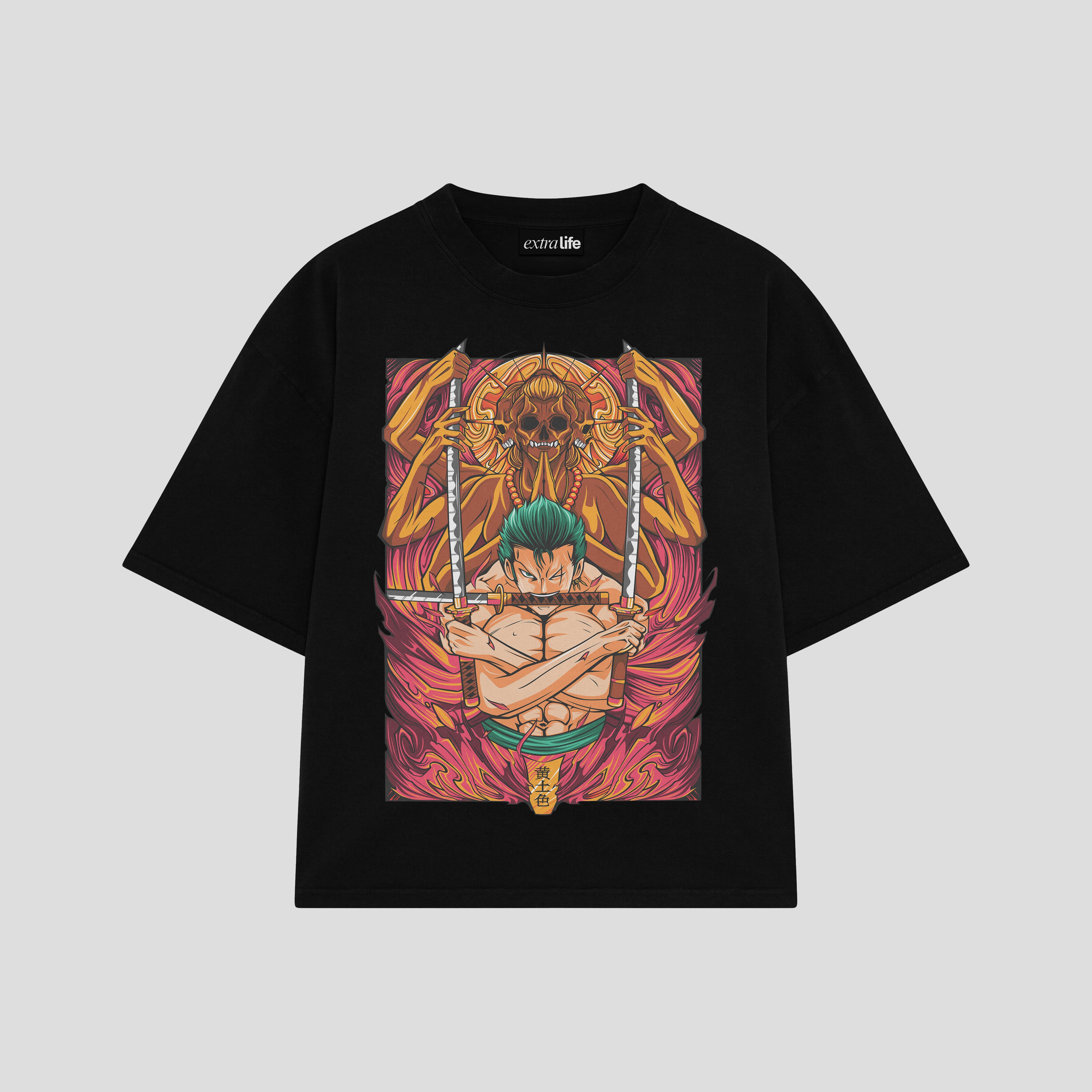 Playera streetwear premium de anime y gaming ExtraLife MX, corte boxy oversized drop shoulder heavyweight en color Deep Black y Off-White, moda urbana mexicana de culto.