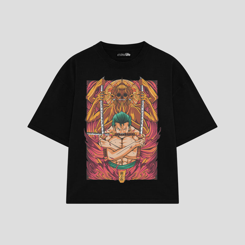 Playera streetwear premium de anime y gaming ExtraLife MX, corte boxy oversized drop shoulder heavyweight en color Deep Black y Off-White, moda urbana mexicana de culto.