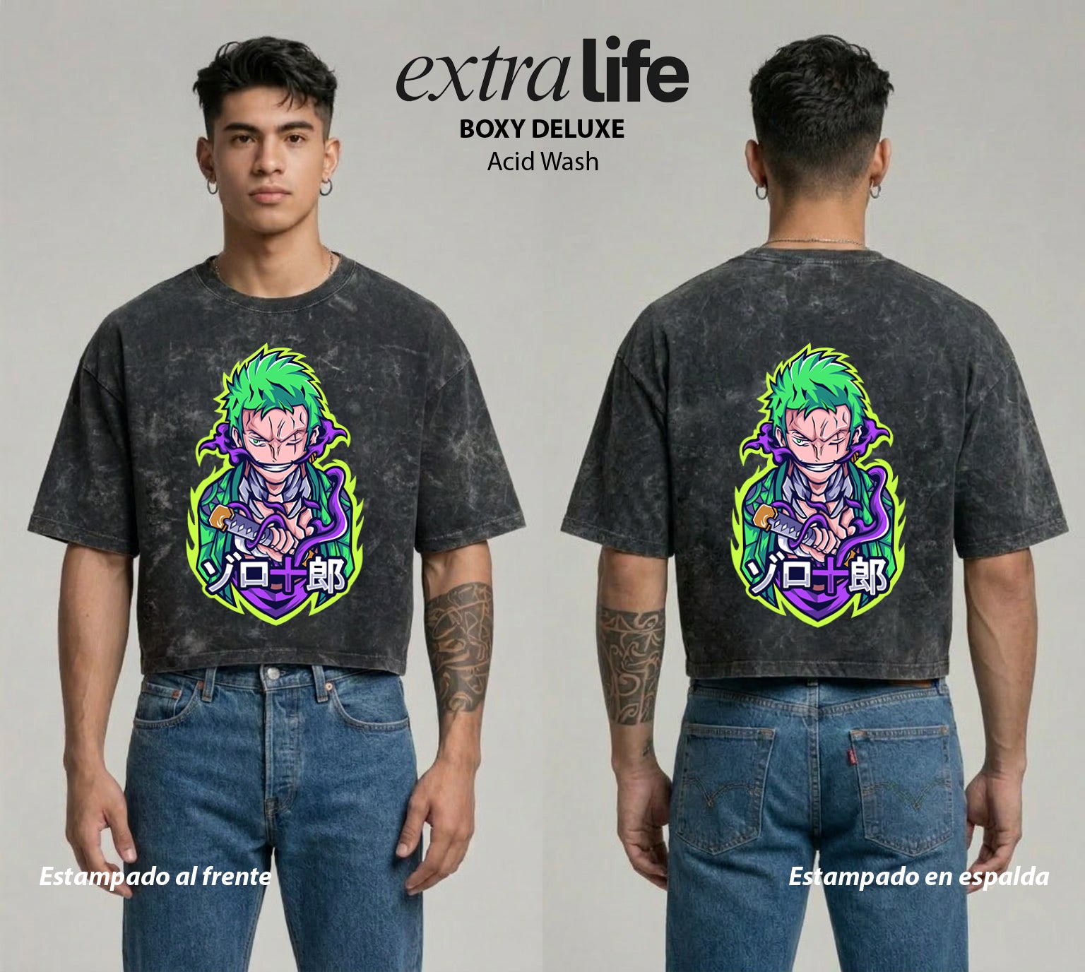 Playera streetwear premium de anime y gaming ExtraLife MX, corte boxy deluxe mineral wash heavyweight en color Acid Wash, moda urbana mexicana de culto.