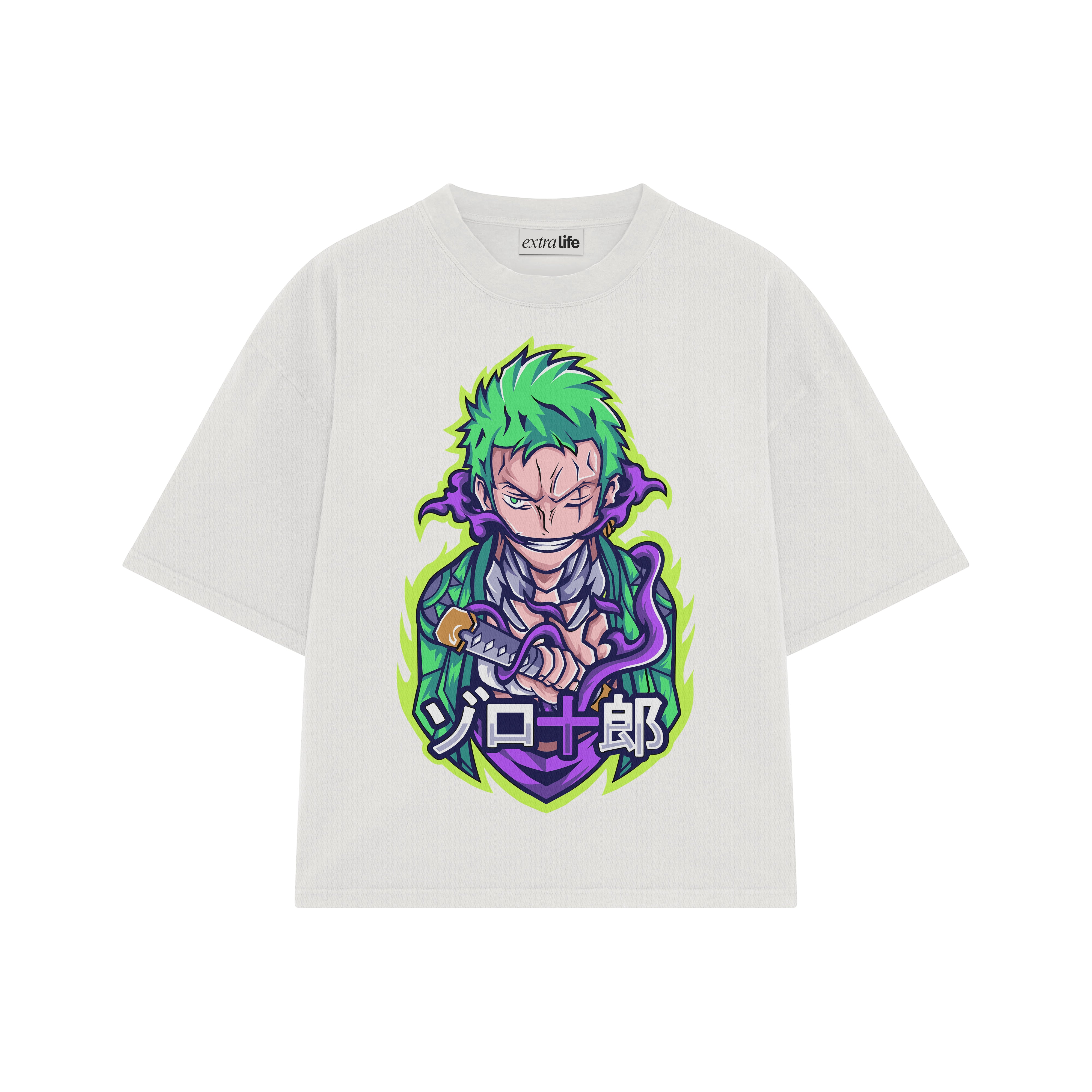 Playera streetwear premium de anime y gaming ExtraLife MX, corte boxy oversized drop shoulder heavyweight en color Deep Black y Off-White, moda urbana mexicana de culto.