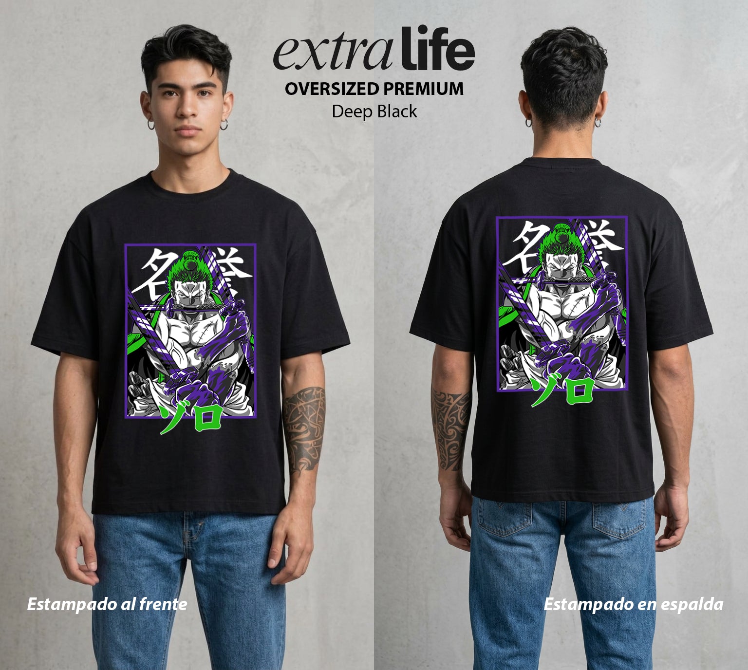 Mar de los Piratas | Tres Espadas #03396 - Playera Oversized Premium | Deep Black - Foto en modelo