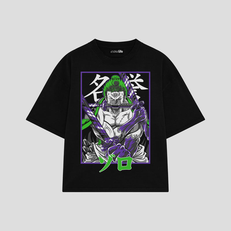 Playera streetwear premium de anime y gaming ExtraLife MX, corte boxy oversized drop shoulder heavyweight en color Deep Black y Off-White, moda urbana mexicana de culto.