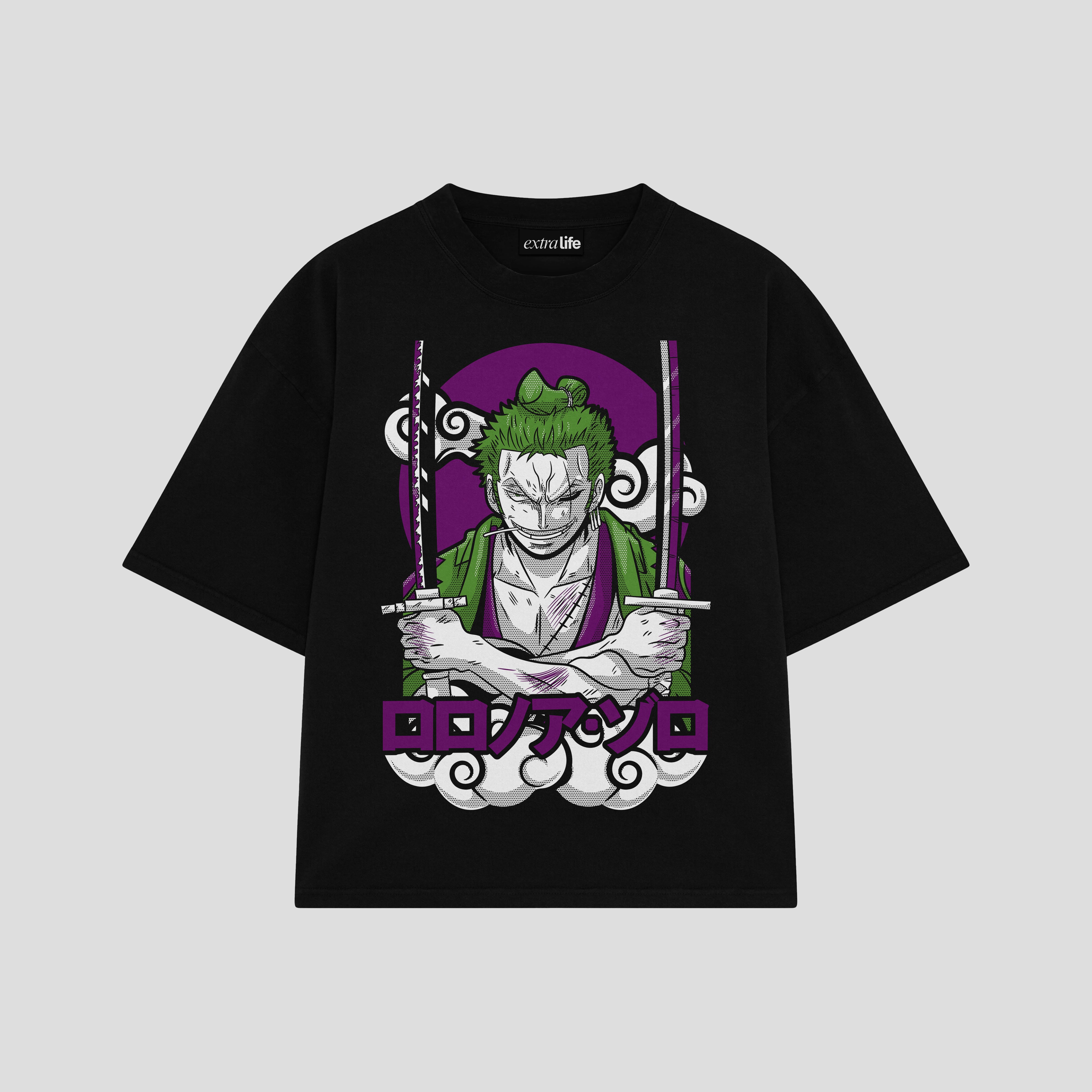 Playera streetwear premium de anime y gaming ExtraLife MX, corte boxy oversized drop shoulder heavyweight en color Deep Black y Off-White, moda urbana mexicana de culto.