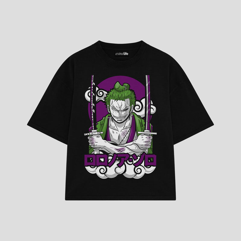 Playera streetwear premium de anime y gaming ExtraLife MX, corte boxy oversized drop shoulder heavyweight en color Deep Black y Off-White, moda urbana mexicana de culto.