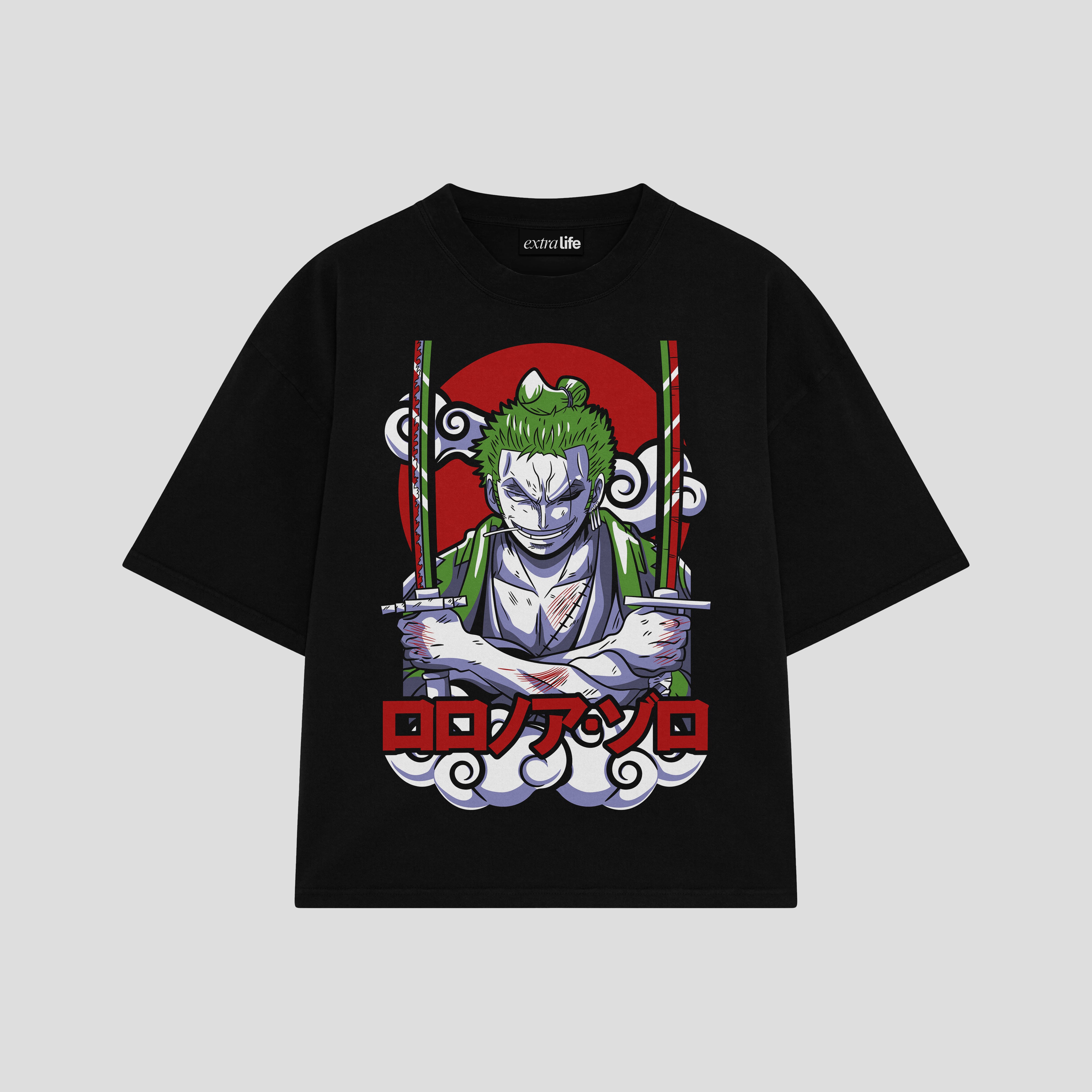 Playera streetwear premium de anime y gaming ExtraLife MX, corte boxy oversized drop shoulder heavyweight en color Deep Black y Off-White, moda urbana mexicana de culto.