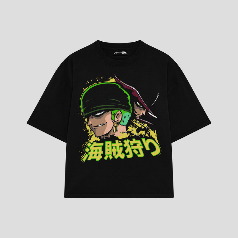 Playera streetwear premium de anime y gaming ExtraLife MX, corte boxy oversized drop shoulder heavyweight en color Deep Black y Off-White, moda urbana mexicana de culto.