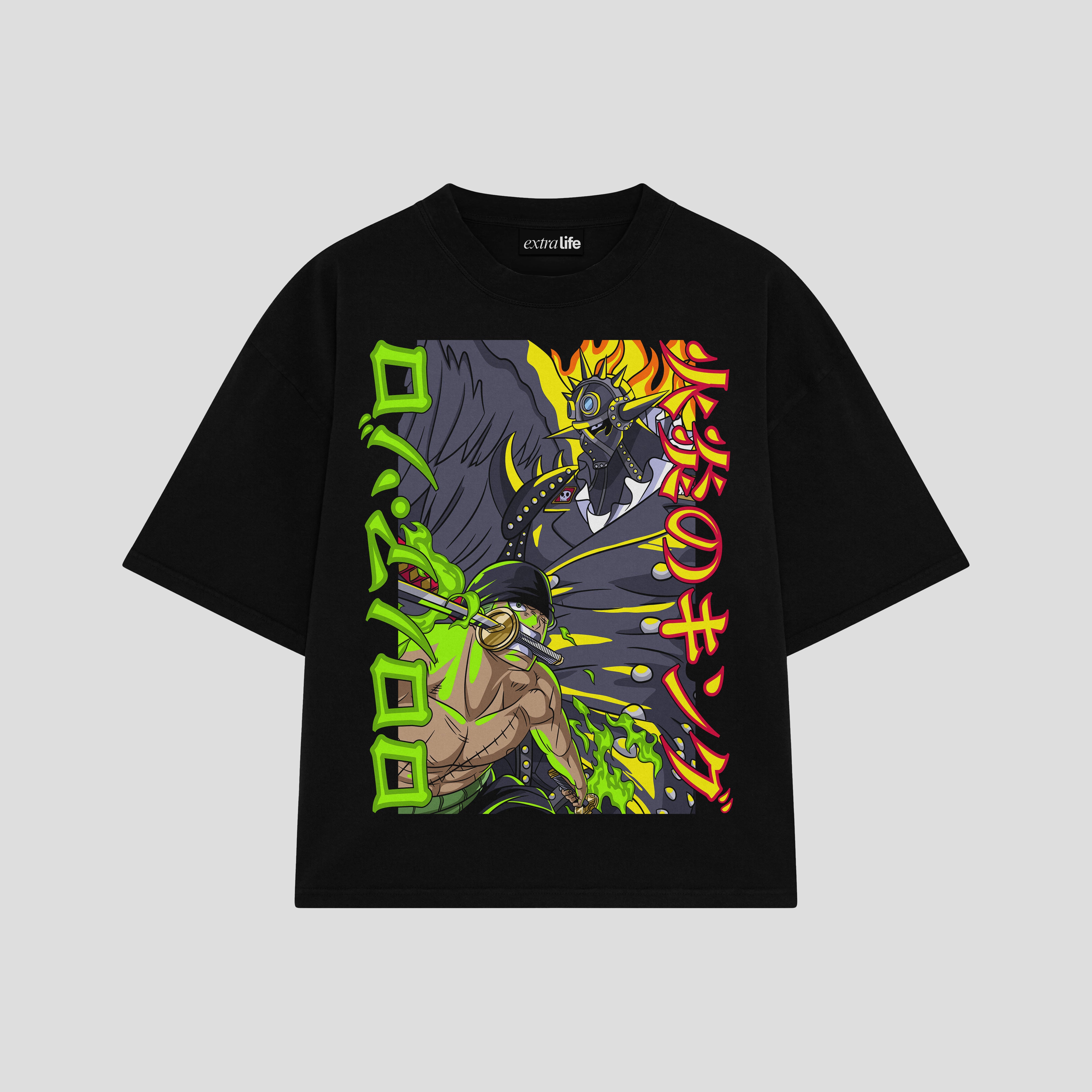 Playera streetwear premium de anime y gaming ExtraLife MX, corte boxy oversized drop shoulder heavyweight en color Deep Black y Off-White, moda urbana mexicana de culto.