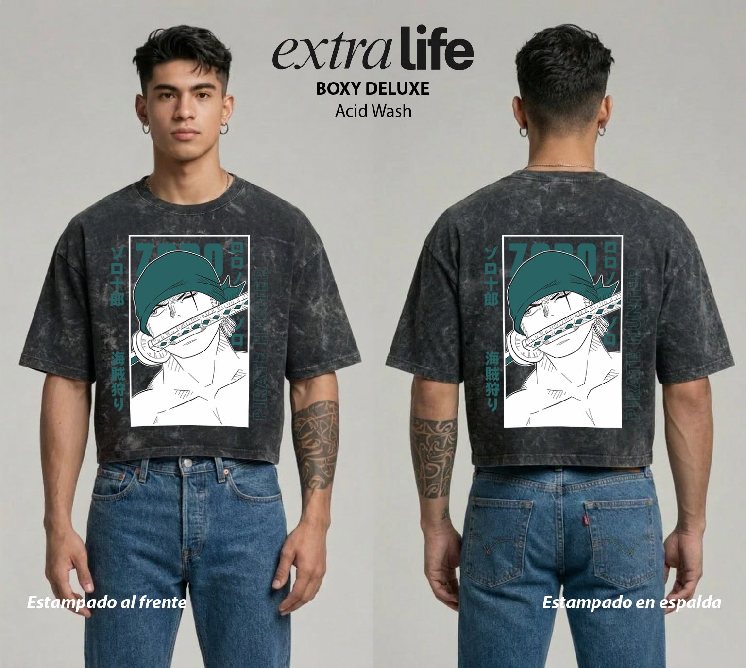Playera streetwear premium de anime y gaming ExtraLife MX, corte boxy deluxe mineral wash heavyweight en color Acid Wash, moda urbana mexicana de culto.