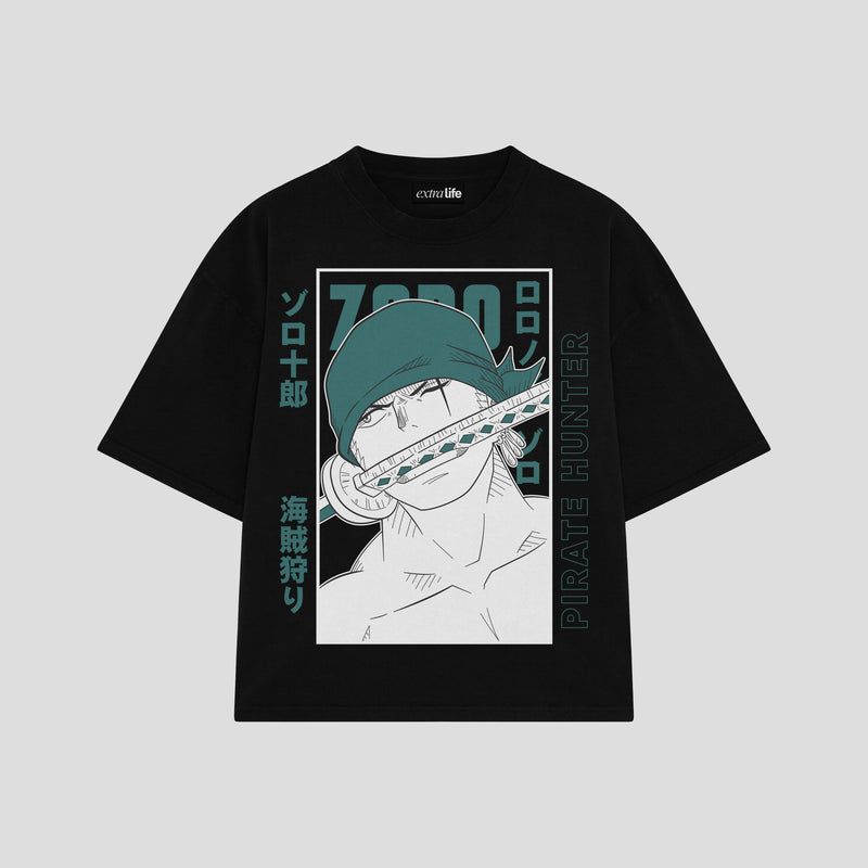 Playera streetwear premium de anime y gaming ExtraLife MX, corte boxy oversized drop shoulder heavyweight en color Deep Black y Off-White, moda urbana mexicana de culto.