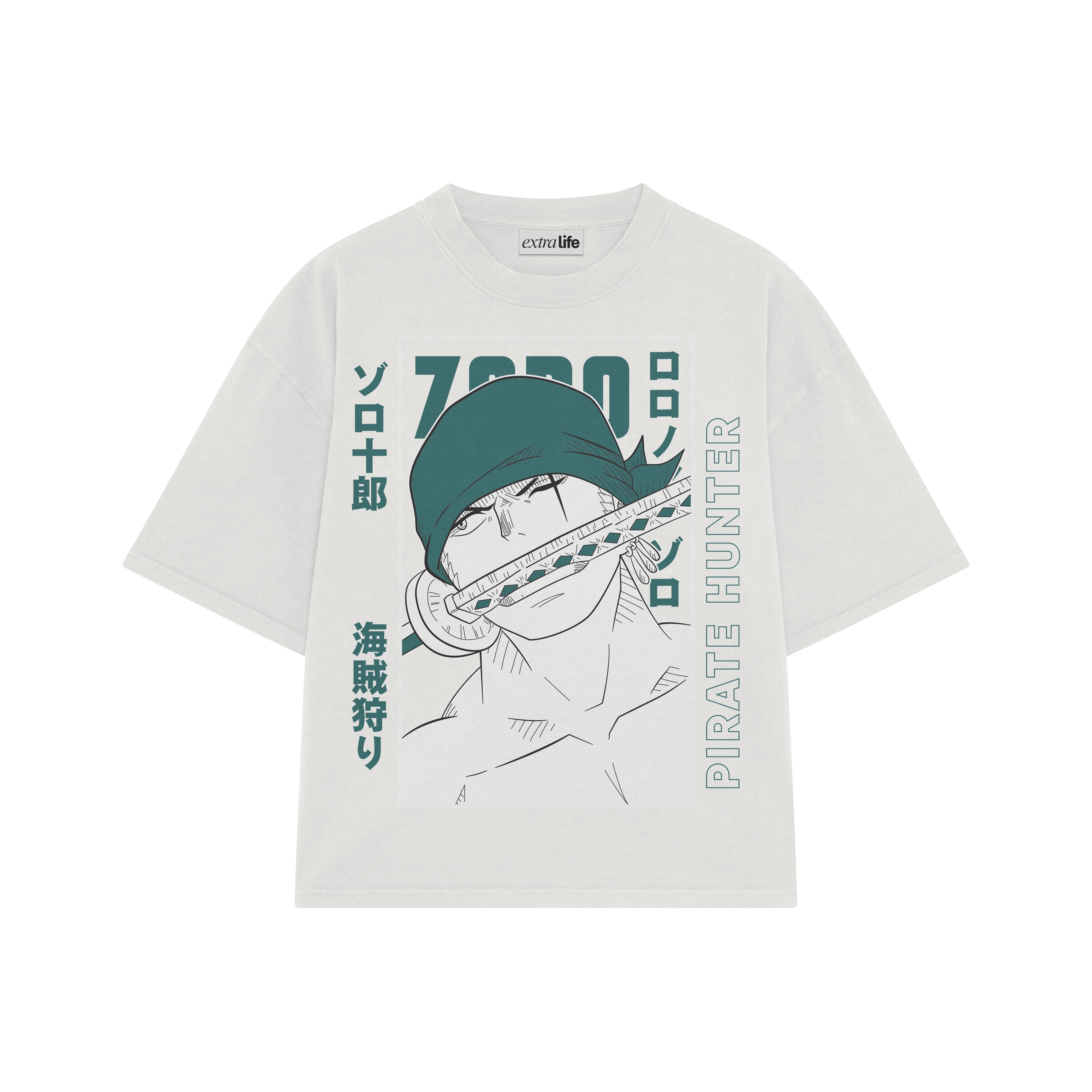 Playera streetwear premium de anime y gaming ExtraLife MX, corte boxy oversized drop shoulder heavyweight en color Deep Black y Off-White, moda urbana mexicana de culto.