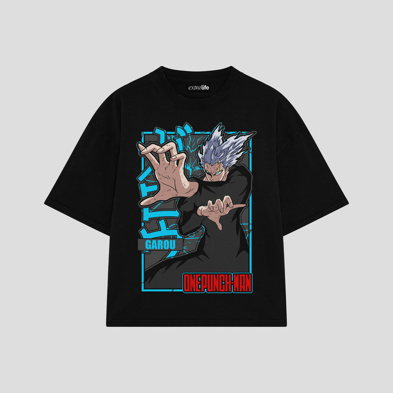 Playera streetwear premium de anime y gaming ExtraLife MX, corte boxy oversized drop shoulder heavyweight en color Deep Black y Off-White, moda urbana mexicana de culto.