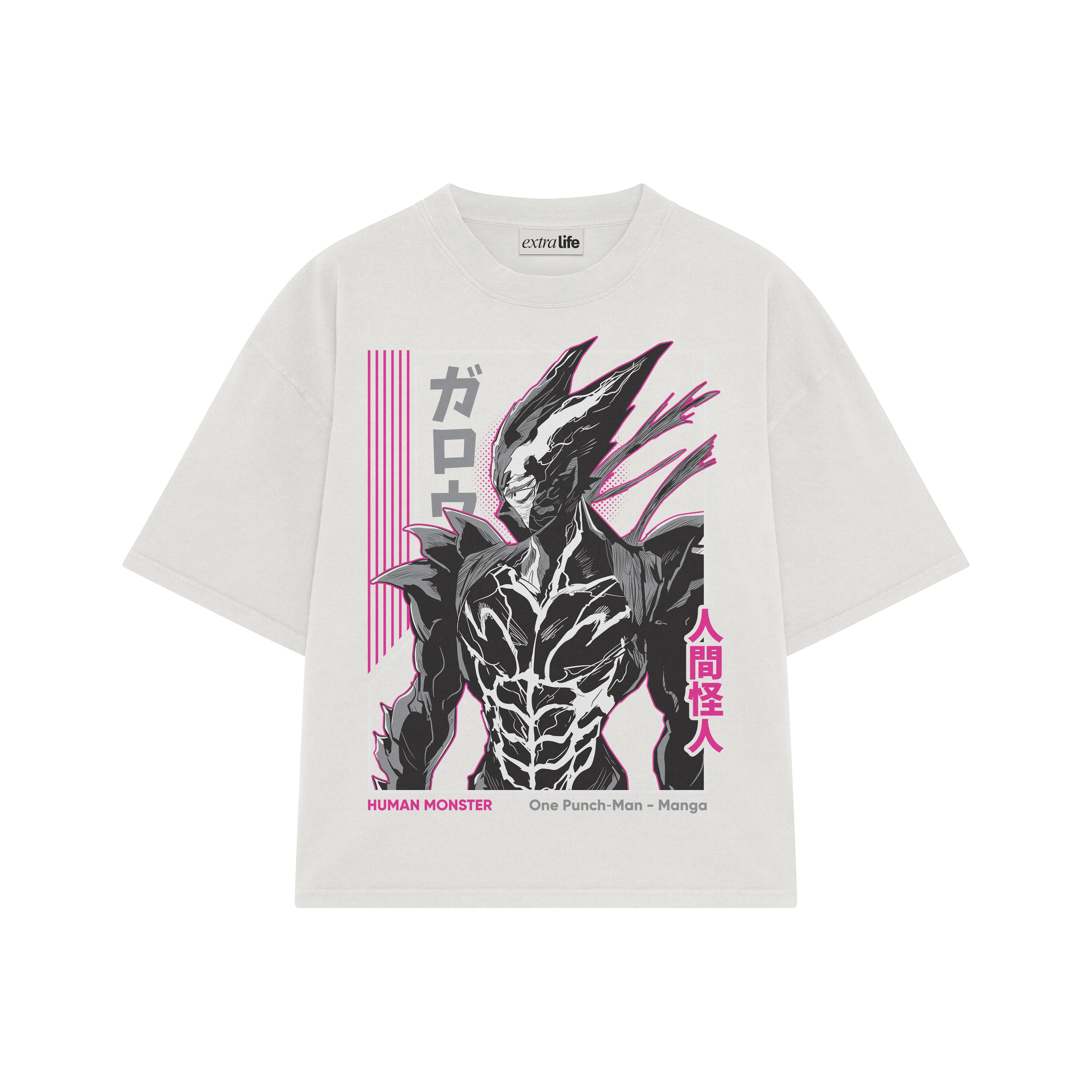 Playera streetwear premium de anime y gaming ExtraLife MX, corte boxy oversized drop shoulder heavyweight en color Deep Black y Off-White, moda urbana mexicana de culto.