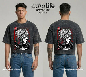 Playera streetwear premium de anime y gaming ExtraLife MX, corte boxy deluxe mineral wash heavyweight en color Acid Wash, moda urbana mexicana de culto.