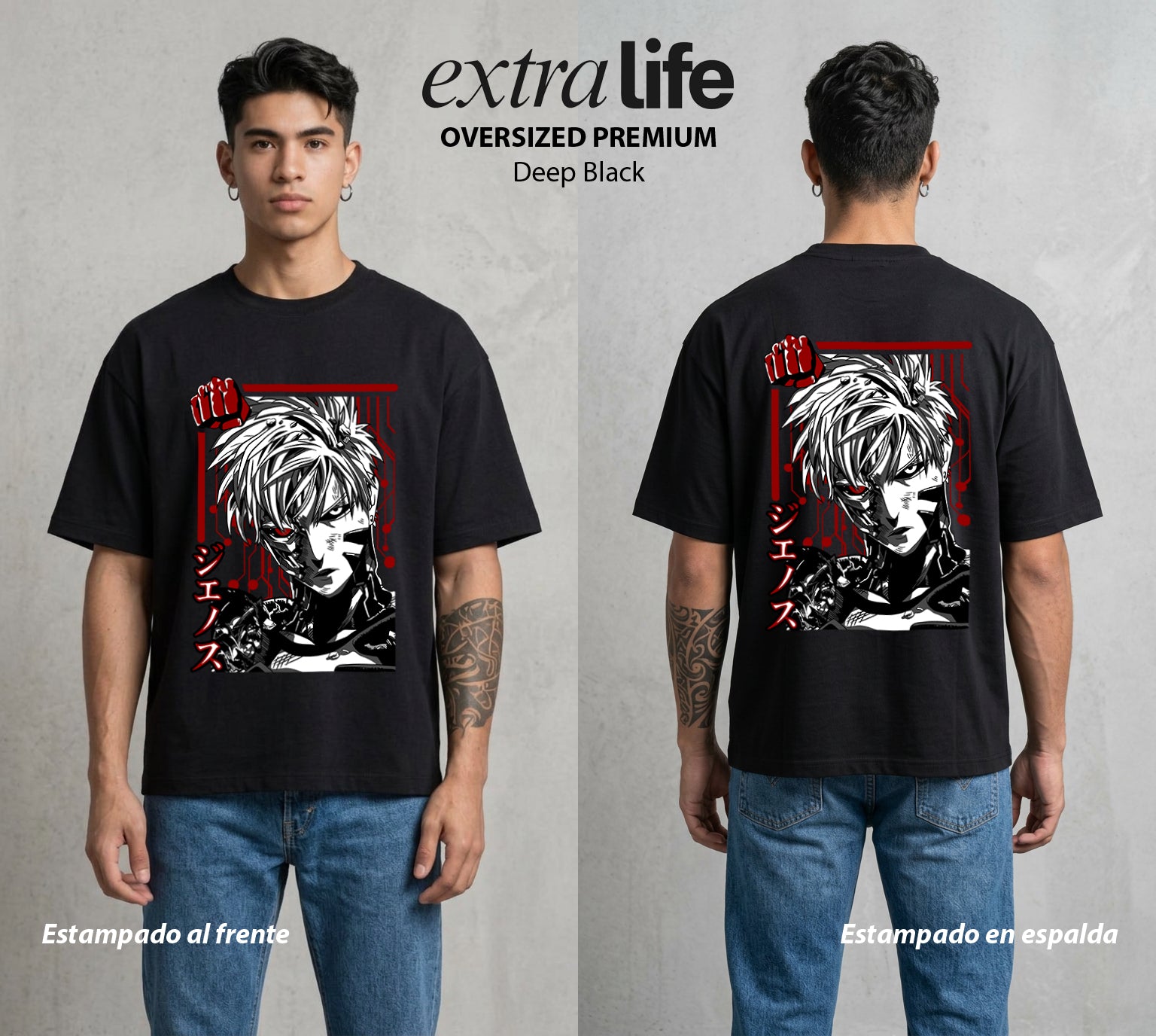 El Heroe del Un Golpe | El Ciborg del Bien #03407 - Playera Oversized Premium | Deep Black - Foto en modelo