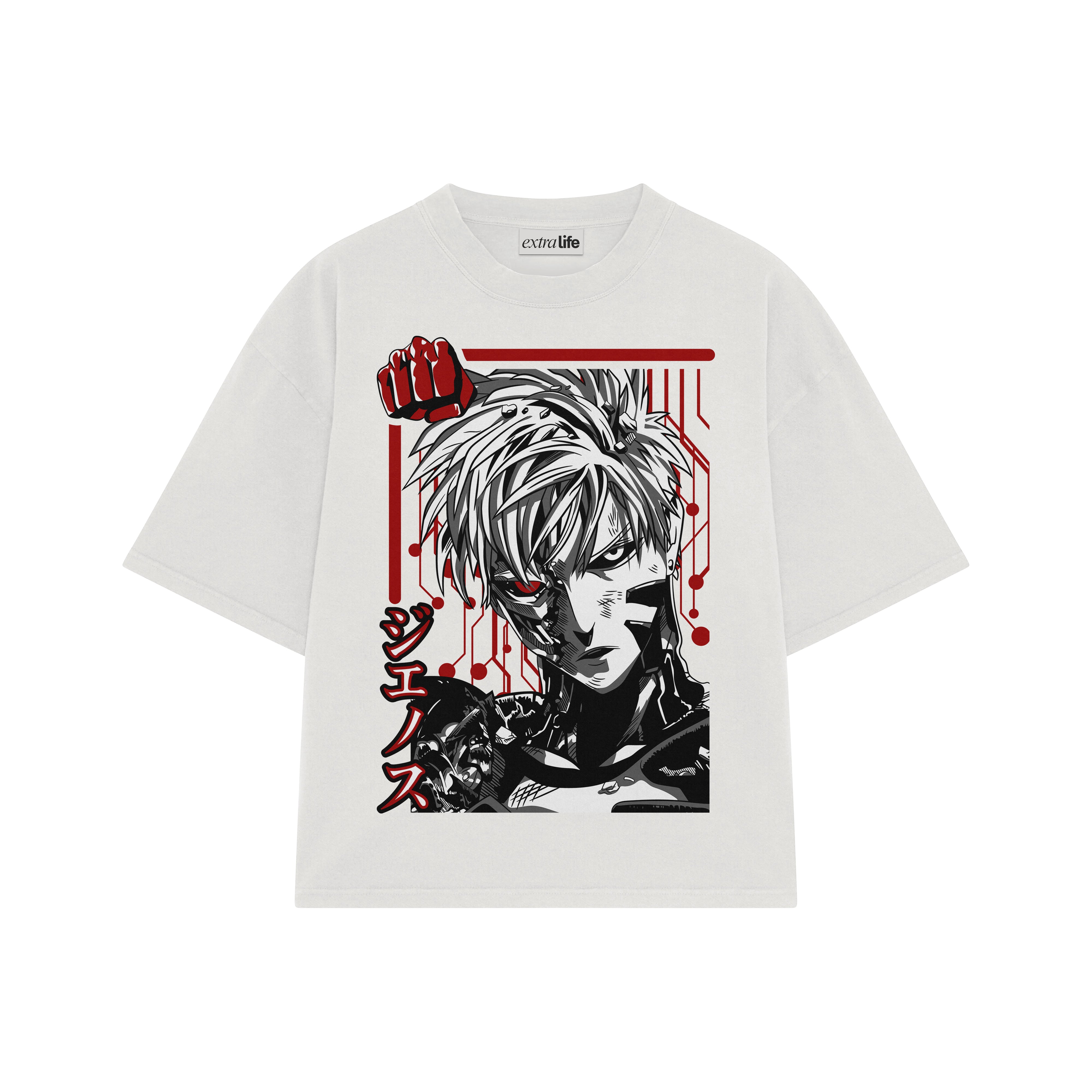 Playera streetwear premium de anime y gaming ExtraLife MX, corte boxy oversized drop shoulder heavyweight en color Deep Black y Off-White, moda urbana mexicana de culto.
