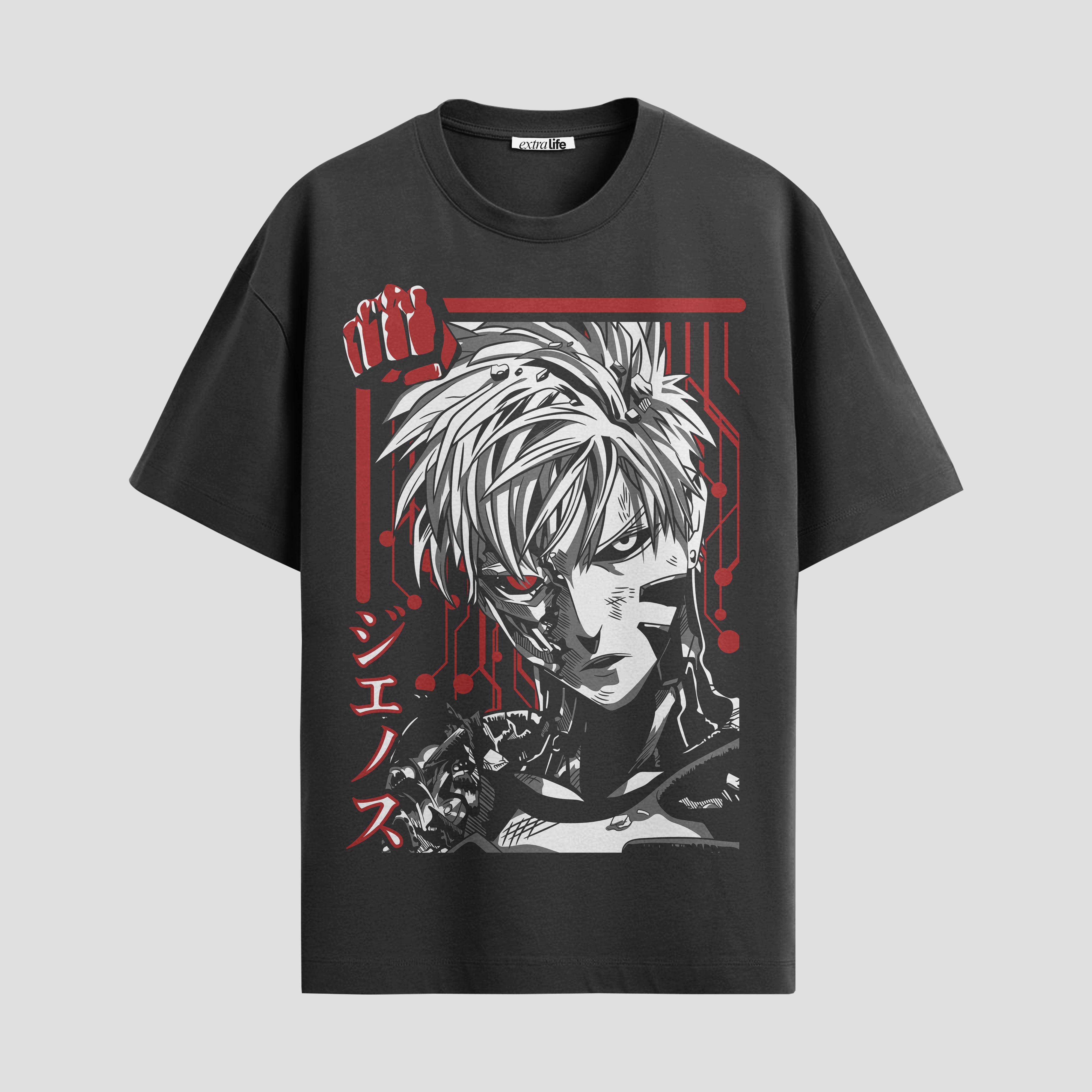 Playera urbana de anime y gaming ExtraLife MX, corte Standard Fit unisex ligero y transpirable en color Deep Black y Pure White, ropa de uso diario para gym y casual.