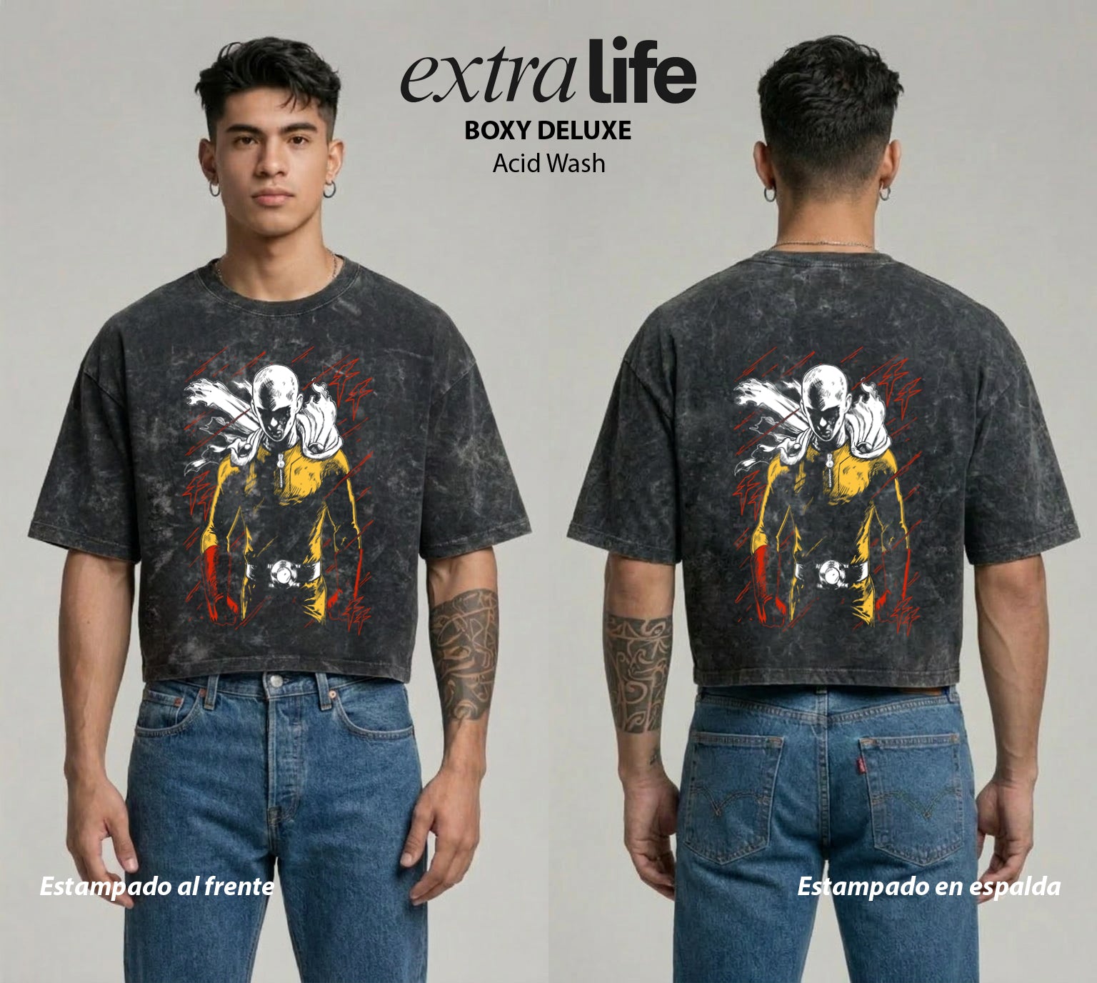 Playera streetwear premium de anime y gaming ExtraLife MX, corte boxy deluxe mineral wash heavyweight en color Acid Wash, moda urbana mexicana de culto.