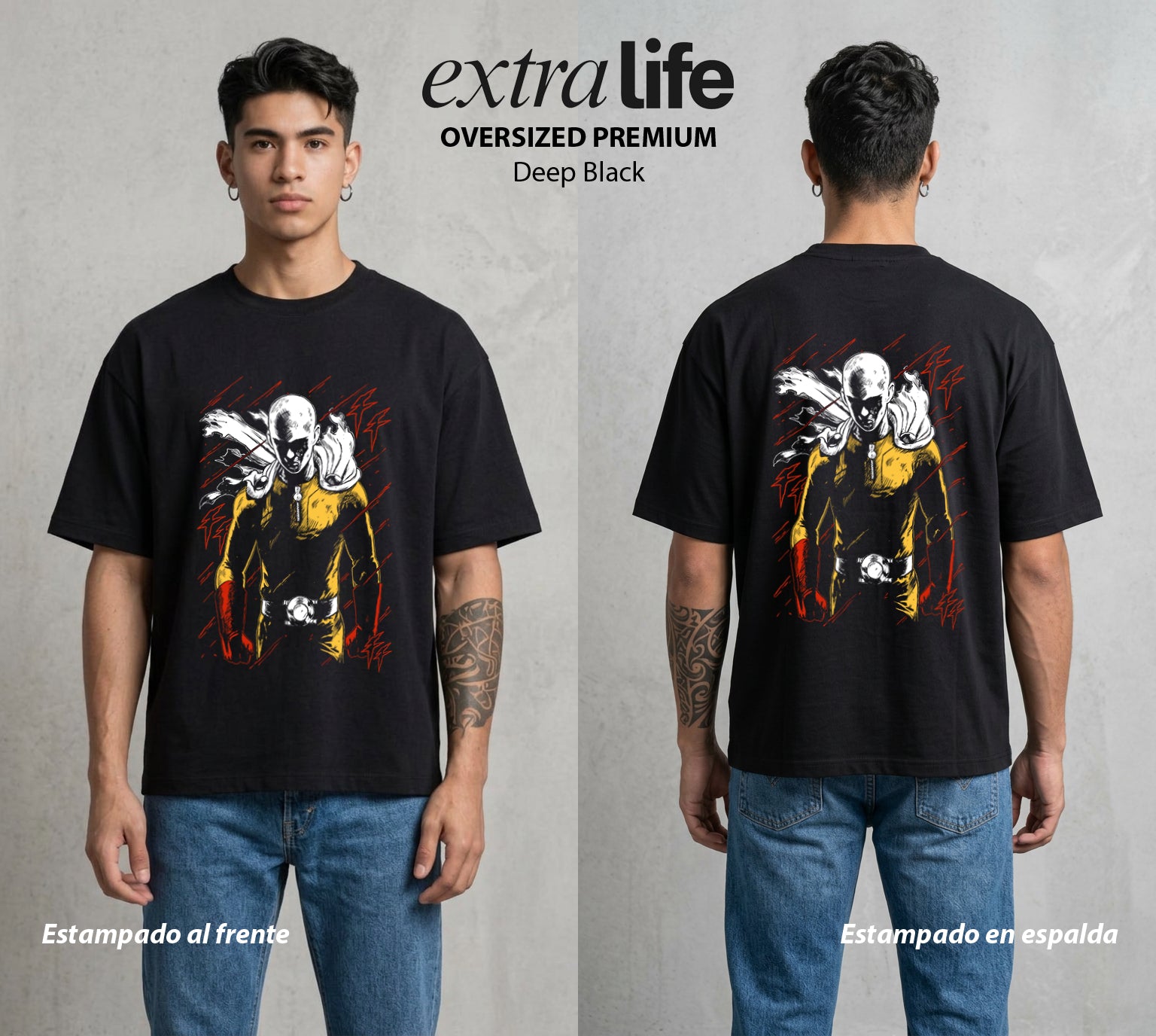 El Heroe del Un Golpe | El Golpe del Bien #03408 - Playera Oversized Premium | Deep Black - Foto en modelo
