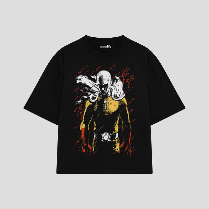 Playera streetwear premium de anime y gaming ExtraLife MX, corte boxy oversized drop shoulder heavyweight en color Deep Black y Off-White, moda urbana mexicana de culto.