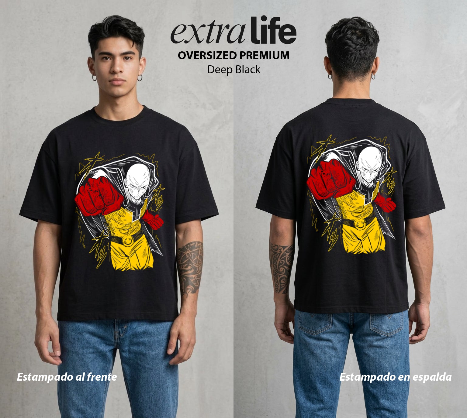 El Heroe del Un Golpe | La Fuerza Aburrida #03411 - Playera Oversized Premium | Deep Black - Foto en modelo