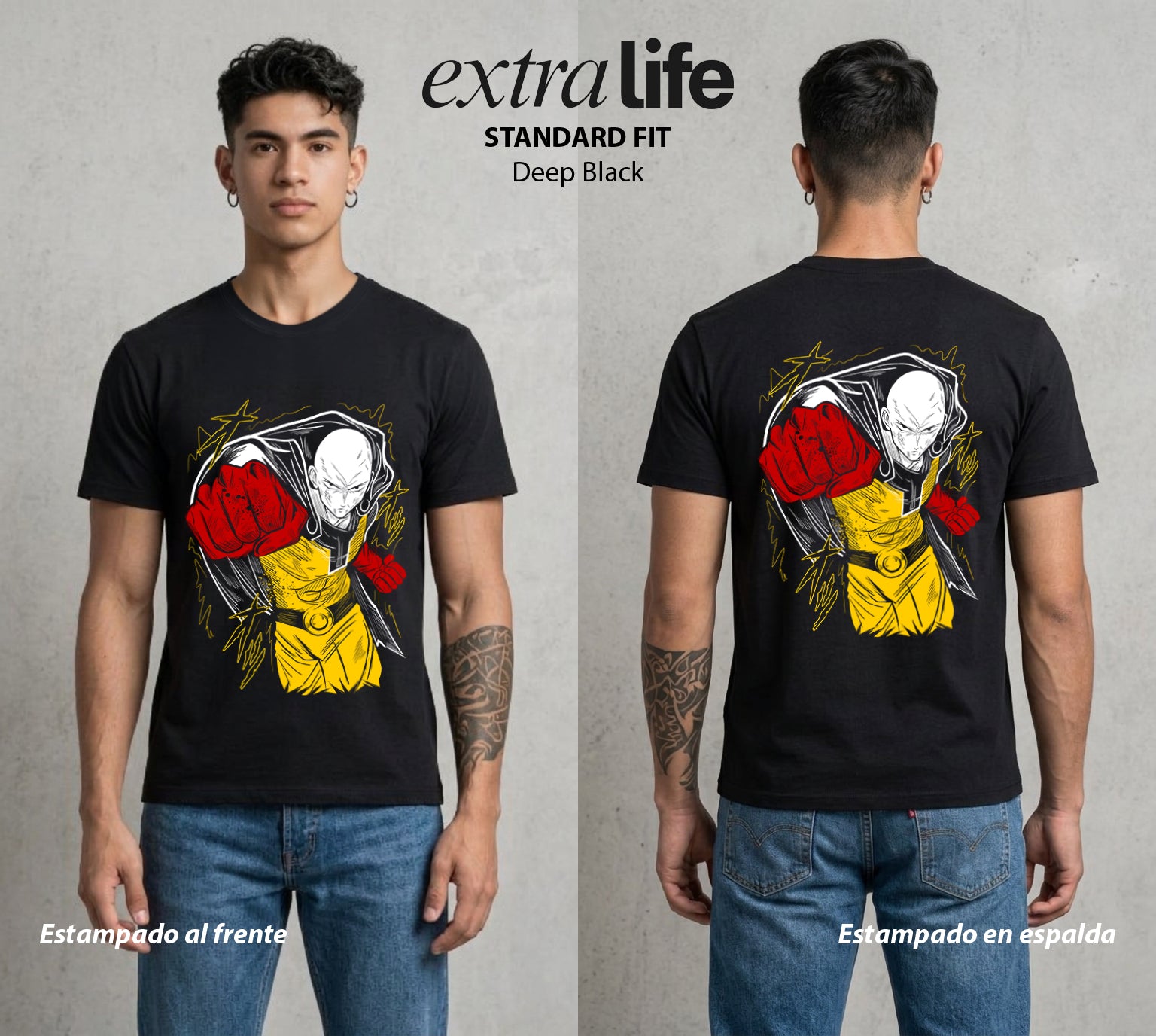 El Heroe del Un Golpe | La Fuerza Aburrida #03411 - Playera Standard Fit | Deep Black - Foto en modelo