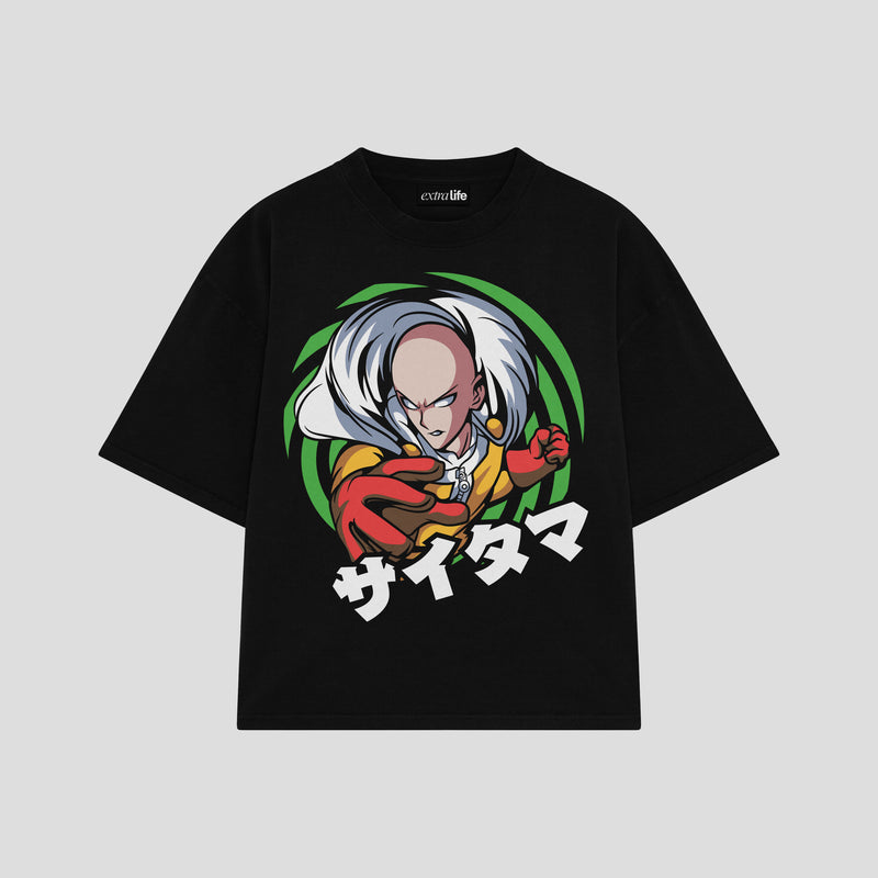 Playera streetwear premium de anime y gaming ExtraLife MX, corte boxy oversized drop shoulder heavyweight en color Deep Black y Off-White, moda urbana mexicana de culto.