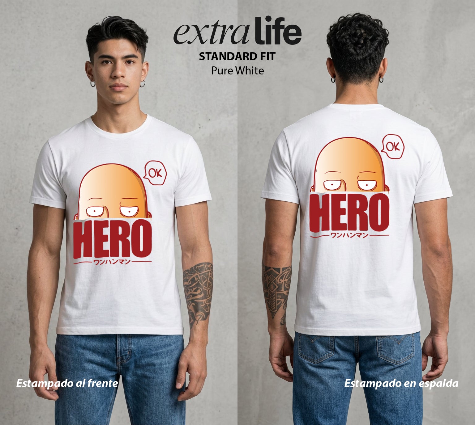El Heroe del Un Golpe | El Heroe por Hobby #03414 - Playera Standard Fit | Pure White - Foto en modelo