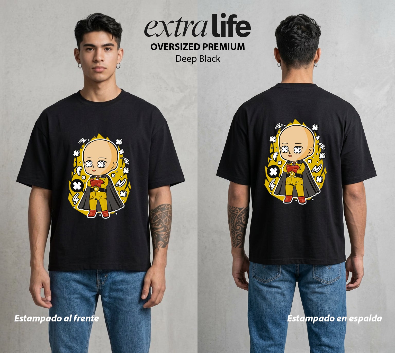 El Heroe del Un Golpe | El Heroe del Un Golpe Pop Art #03415 - Playera Oversized Premium | Deep Black - Foto en modelo