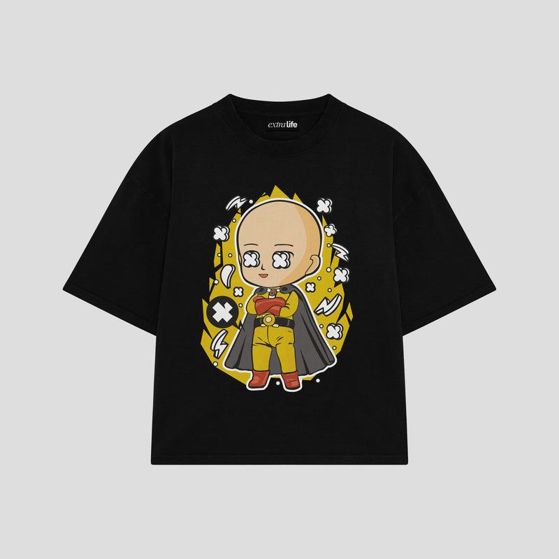 Playera streetwear premium de anime y gaming ExtraLife MX, corte boxy oversized drop shoulder heavyweight en color Deep Black y Off-White, moda urbana mexicana de culto.