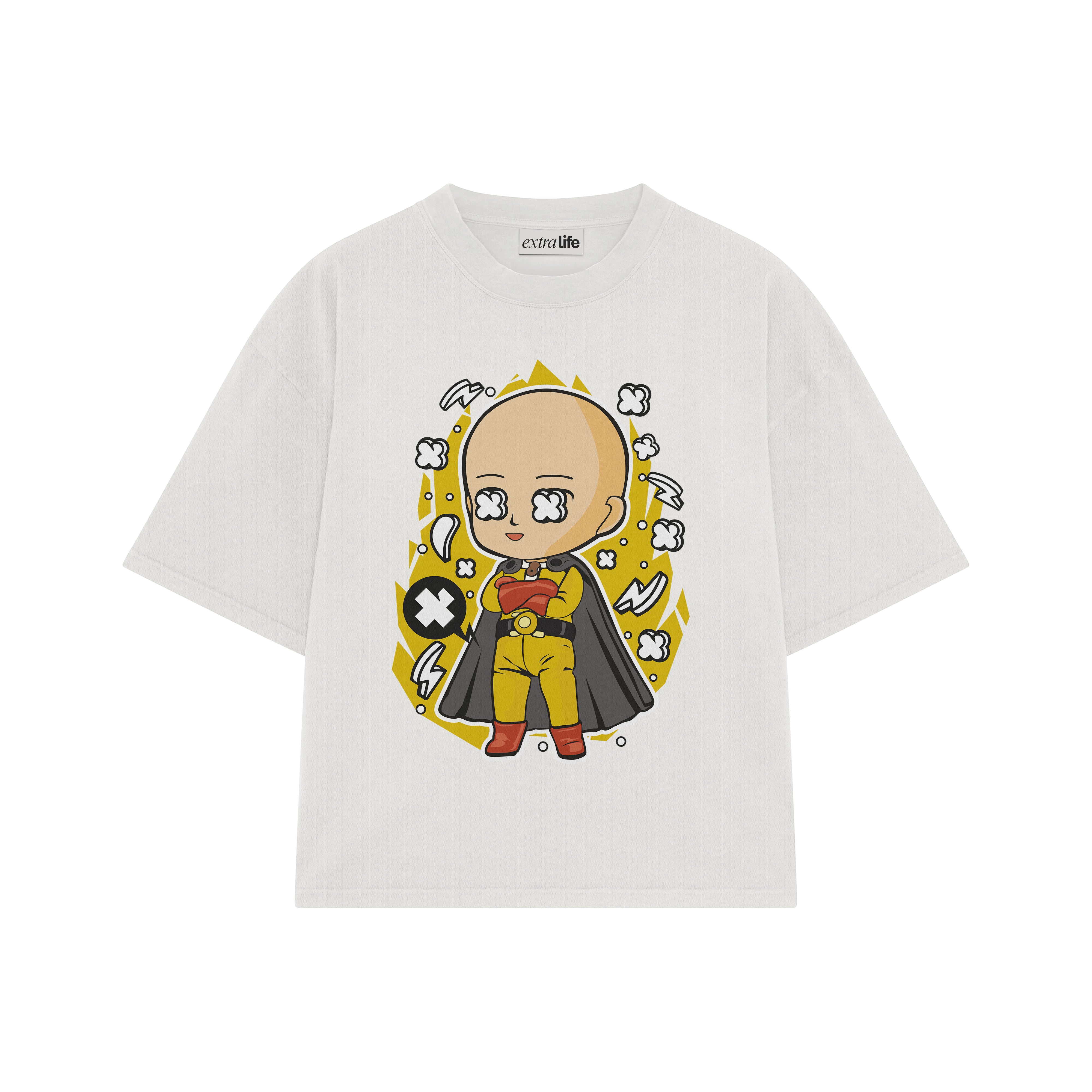 Playera streetwear premium de anime y gaming ExtraLife MX, corte boxy oversized drop shoulder heavyweight en color Deep Black y Off-White, moda urbana mexicana de culto.