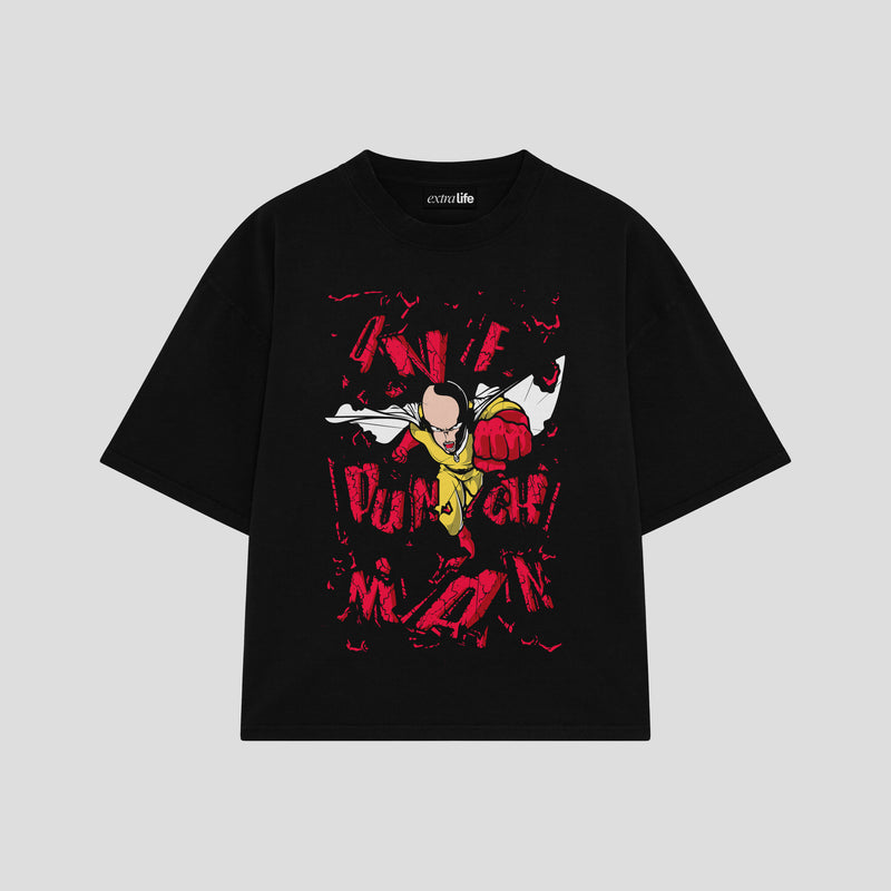 Playera streetwear premium de anime y gaming ExtraLife MX, corte boxy oversized drop shoulder heavyweight en color Deep Black y Off-White, moda urbana mexicana de culto.