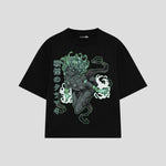 Playera streetwear premium de anime y gaming ExtraLife MX, corte boxy oversized drop shoulder heavyweight en color Deep Black y Off-White, moda urbana mexicana de culto.