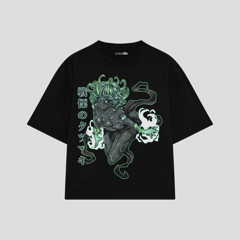 Playera streetwear premium de anime y gaming ExtraLife MX, corte boxy oversized drop shoulder heavyweight en color Deep Black y Off-White, moda urbana mexicana de culto.