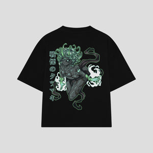 Playera streetwear premium de anime y gaming ExtraLife MX, corte boxy oversized drop shoulder heavyweight en color Deep Black y Off-White, moda urbana mexicana de culto.