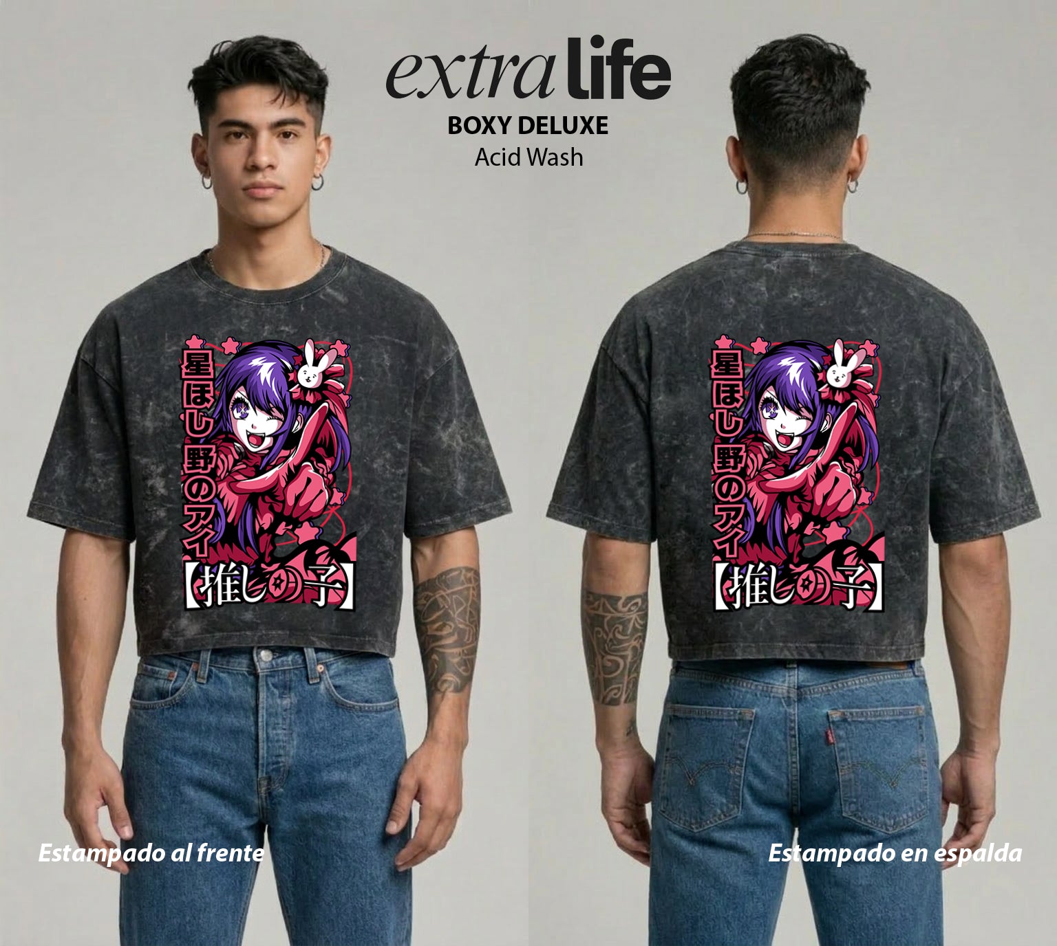 Playera streetwear premium de anime y gaming ExtraLife MX, corte boxy deluxe mineral wash heavyweight en color Acid Wash, moda urbana mexicana de culto.