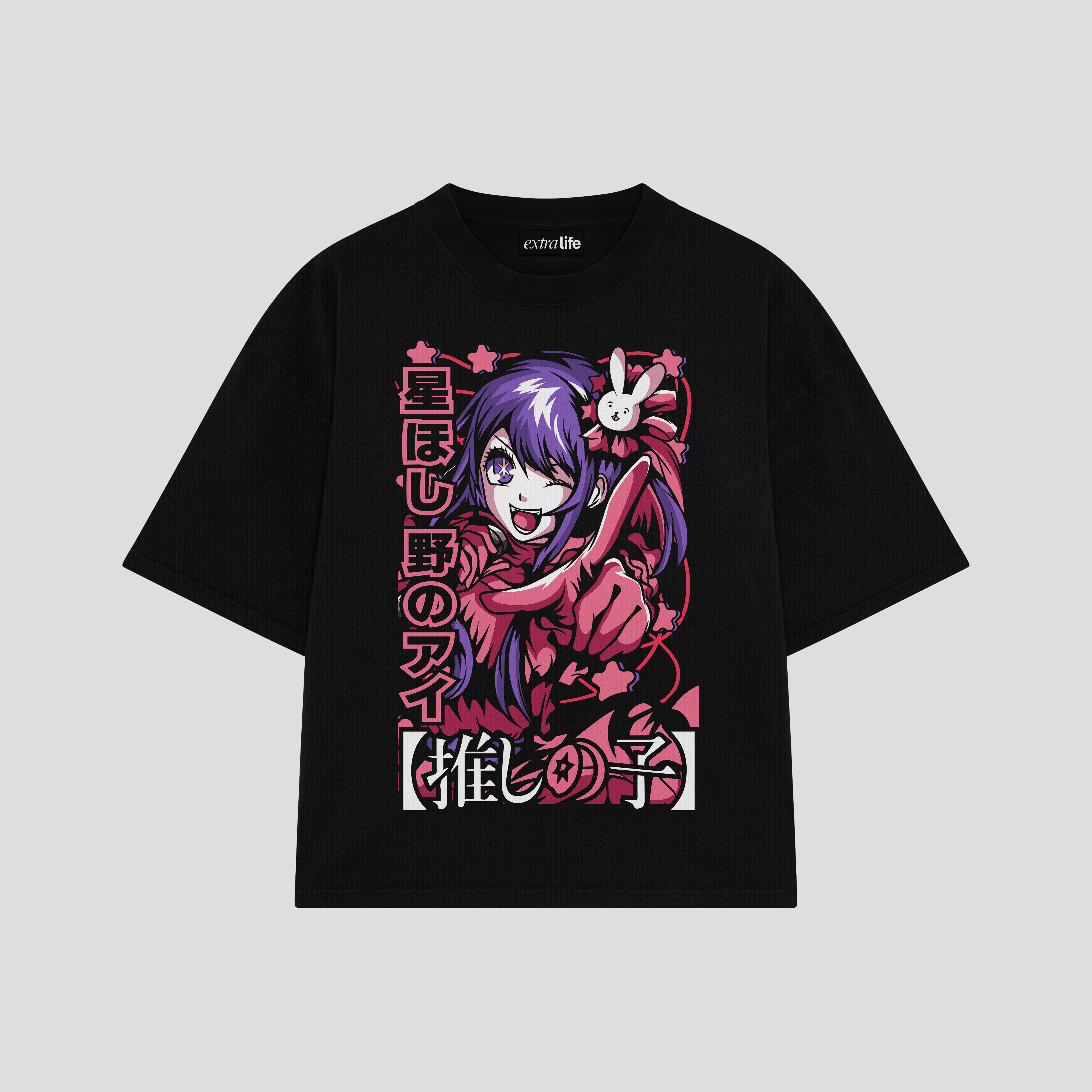Playera streetwear premium de anime y gaming ExtraLife MX, corte boxy oversized drop shoulder heavyweight en color Deep Black y Off-White, moda urbana mexicana de culto.