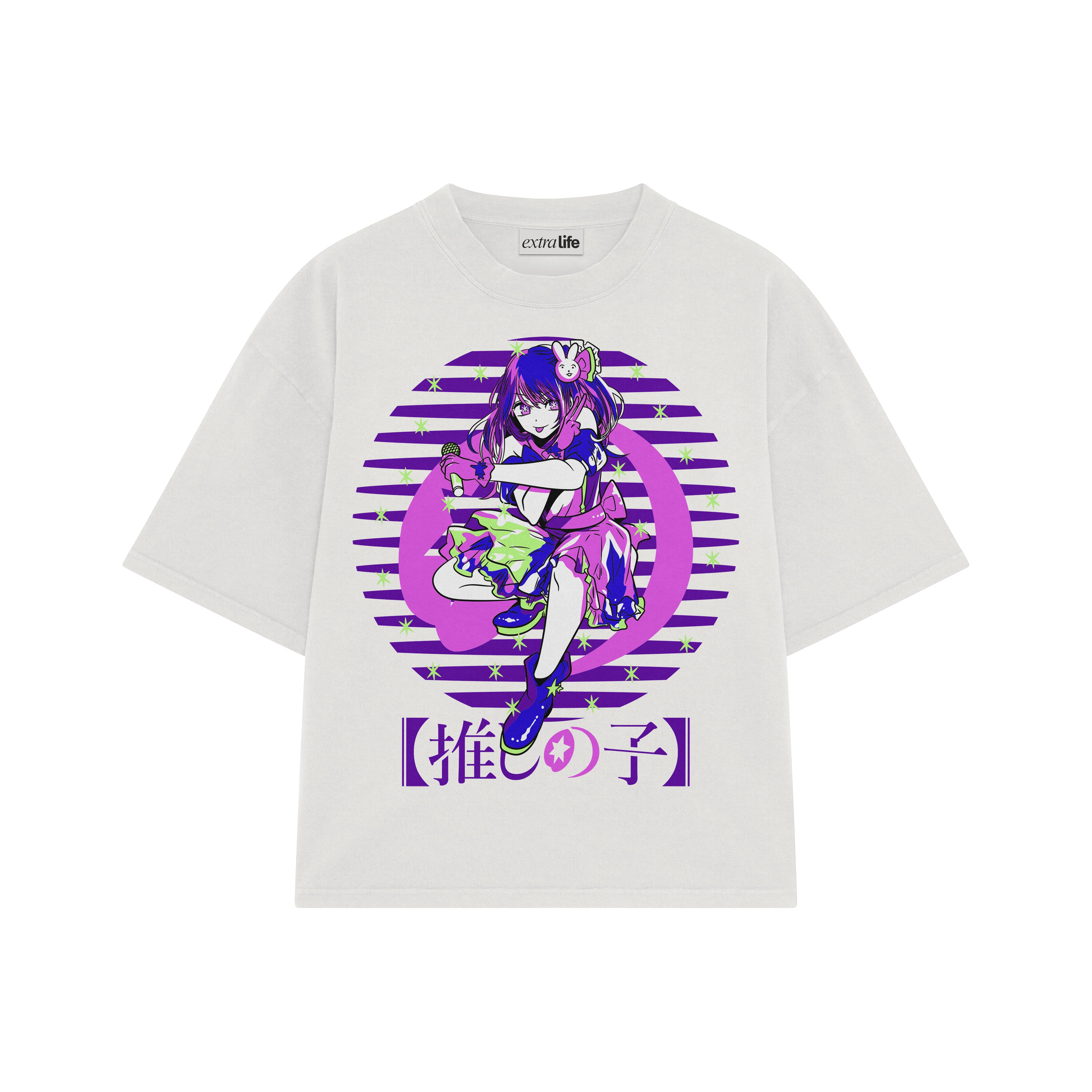 Playera streetwear premium de anime y gaming ExtraLife MX, corte boxy oversized drop shoulder heavyweight en color Deep Black y Off-White, moda urbana mexicana de culto.