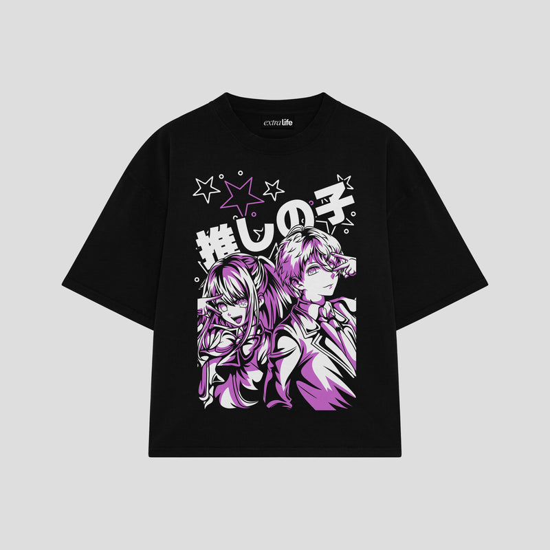 Playera streetwear premium de anime y gaming ExtraLife MX, corte boxy oversized drop shoulder heavyweight en color Deep Black y Off-White, moda urbana mexicana de culto.