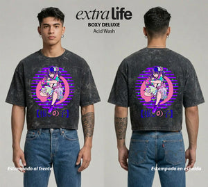 Playera streetwear premium de anime y gaming ExtraLife MX, corte boxy deluxe mineral wash heavyweight en color Acid Wash, moda urbana mexicana de culto.