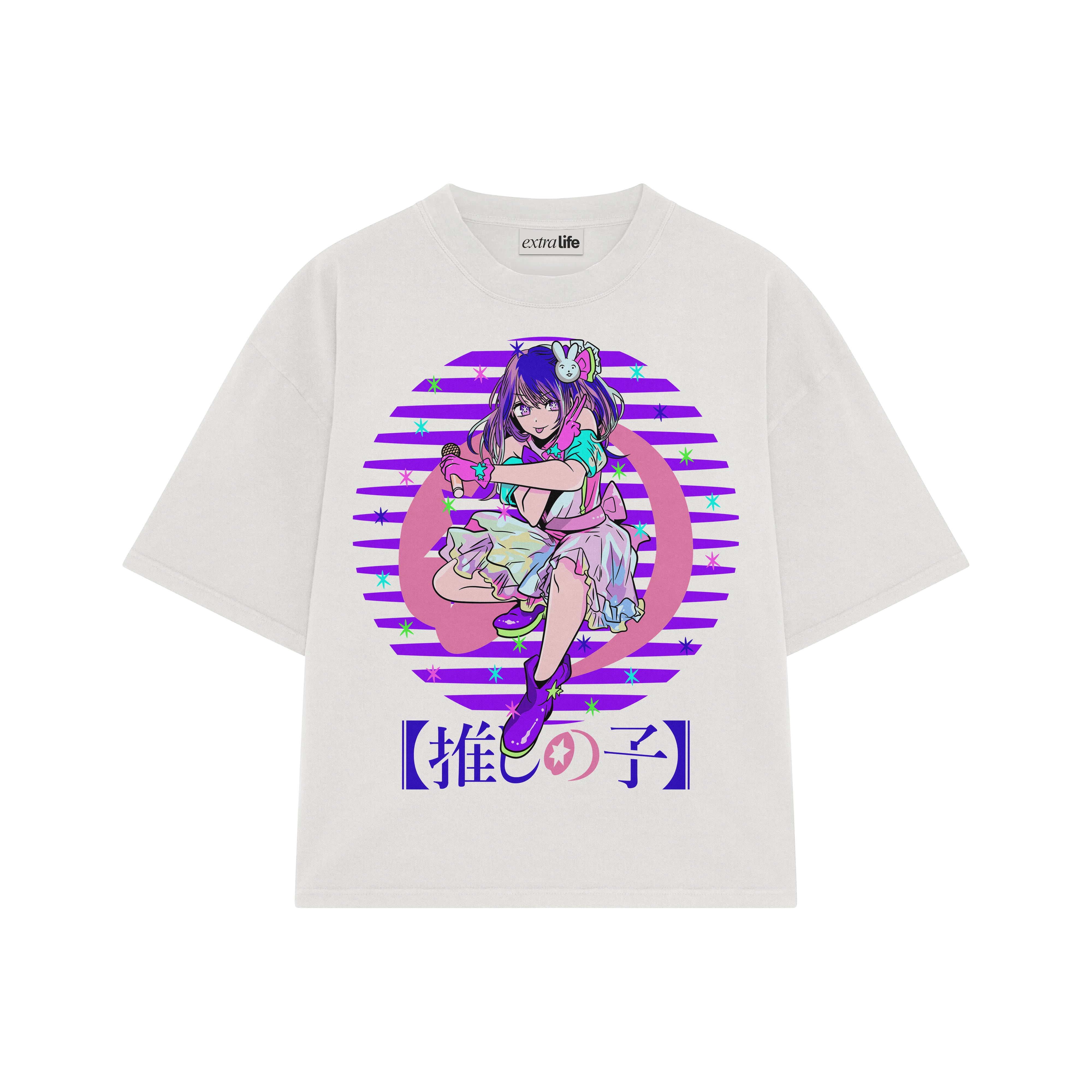 Playera streetwear premium de anime y gaming ExtraLife MX, corte boxy oversized drop shoulder heavyweight en color Deep Black y Off-White, moda urbana mexicana de culto.