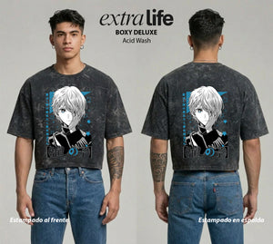 Playera streetwear premium de anime y gaming ExtraLife MX, corte boxy deluxe mineral wash heavyweight en color Acid Wash, moda urbana mexicana de culto.
