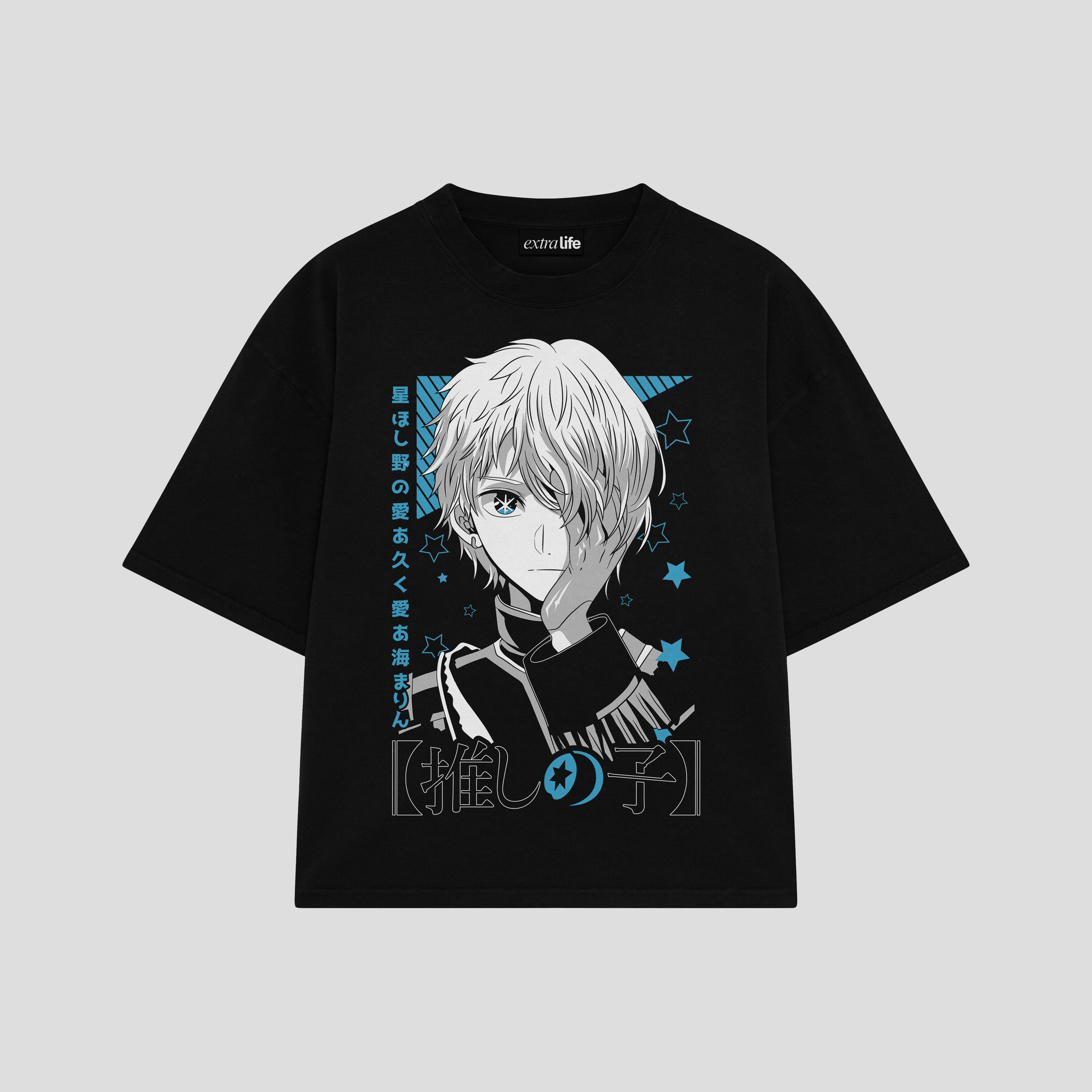 Playera streetwear premium de anime y gaming ExtraLife MX, corte boxy oversized drop shoulder heavyweight en color Deep Black y Off-White, moda urbana mexicana de culto.