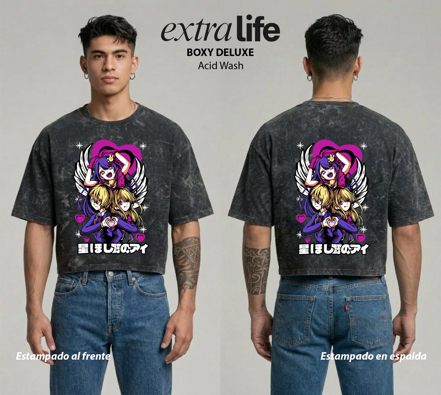 Playera streetwear premium de anime y gaming ExtraLife MX, corte boxy deluxe mineral wash heavyweight en color Acid Wash, moda urbana mexicana de culto.