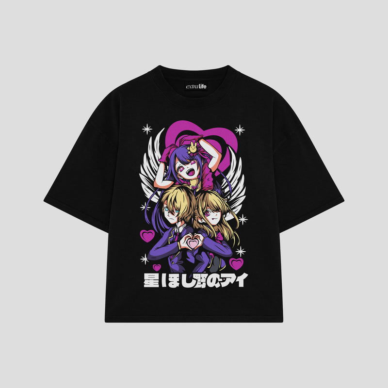 Playera streetwear premium de anime y gaming ExtraLife MX, corte boxy oversized drop shoulder heavyweight en color Deep Black y Off-White, moda urbana mexicana de culto.