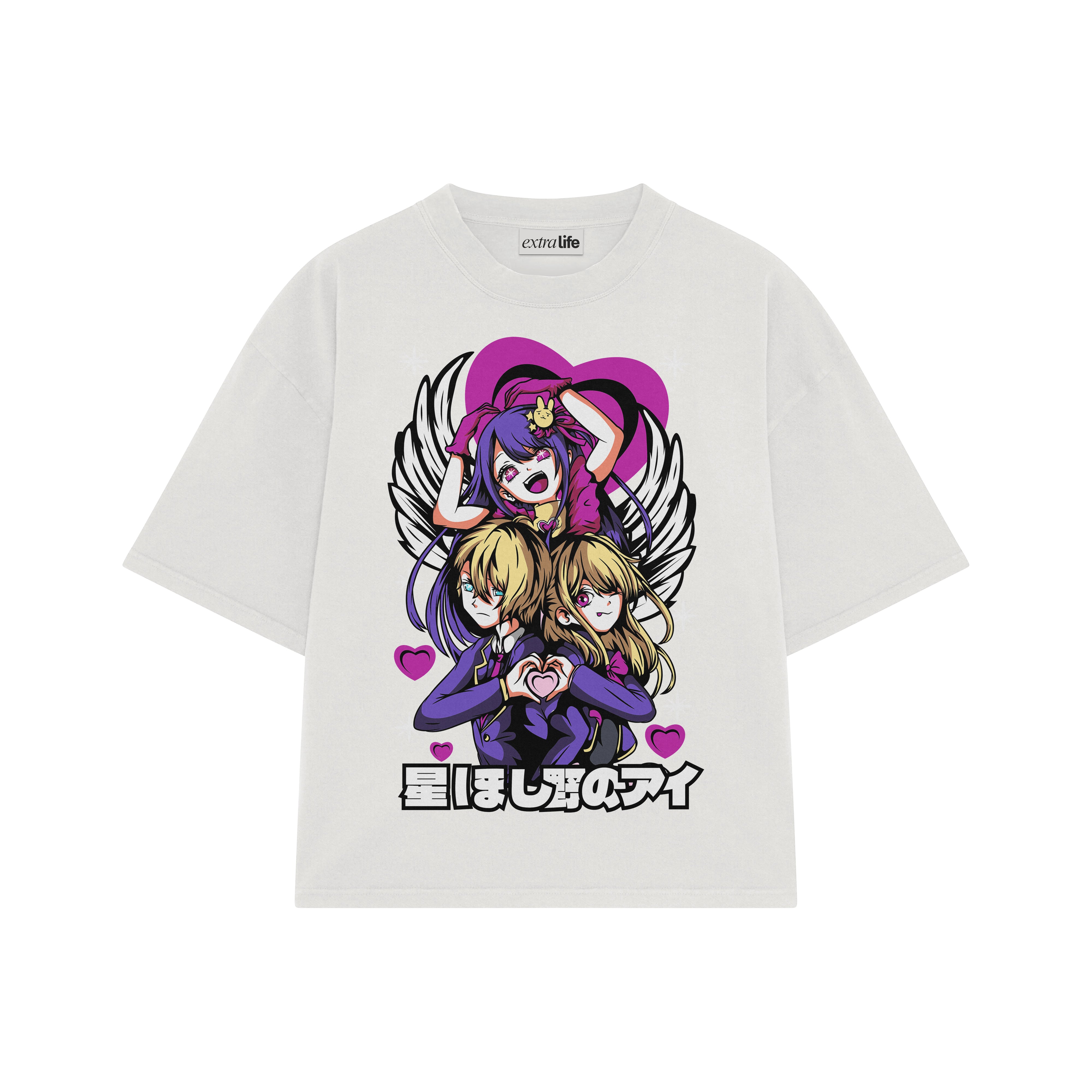 Playera streetwear premium de anime y gaming ExtraLife MX, corte boxy oversized drop shoulder heavyweight en color Deep Black y Off-White, moda urbana mexicana de culto.