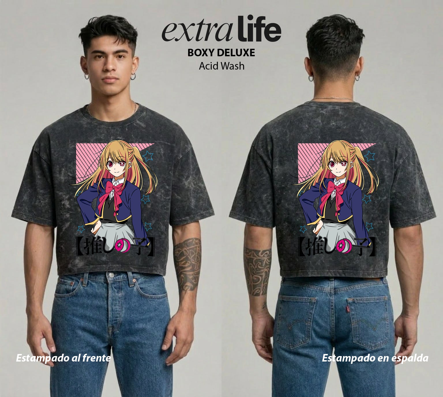 Playera streetwear premium de anime y gaming ExtraLife MX, corte boxy deluxe mineral wash heavyweight en color Acid Wash, moda urbana mexicana de culto.
