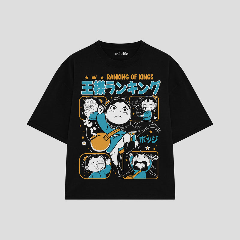 Playera streetwear premium de anime y gaming ExtraLife MX, corte boxy oversized drop shoulder heavyweight en color Deep Black y Off-White, moda urbana mexicana de culto.