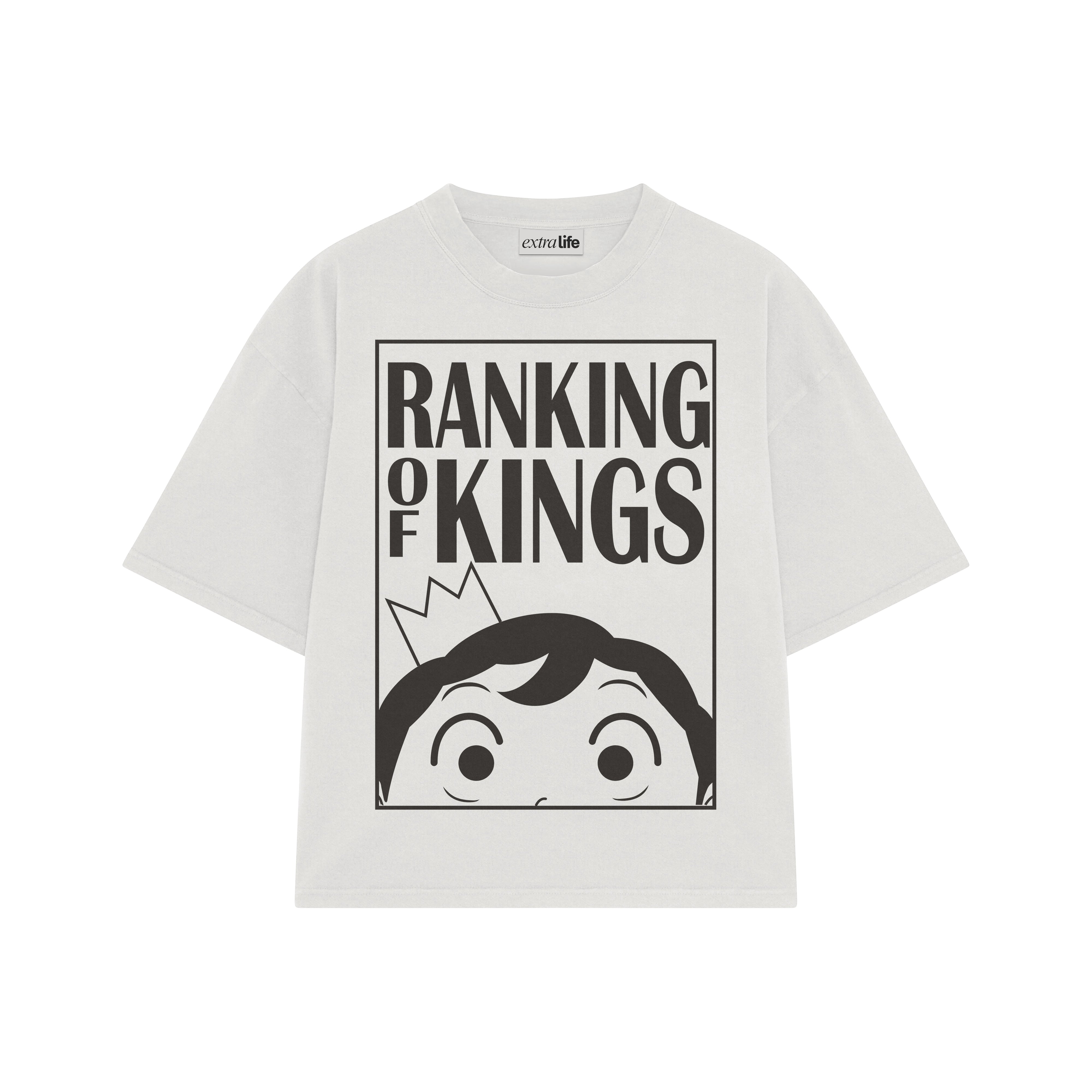 Playera streetwear premium de anime y gaming ExtraLife MX, corte boxy oversized drop shoulder heavyweight en color Deep Black y Off-White, moda urbana mexicana de culto.